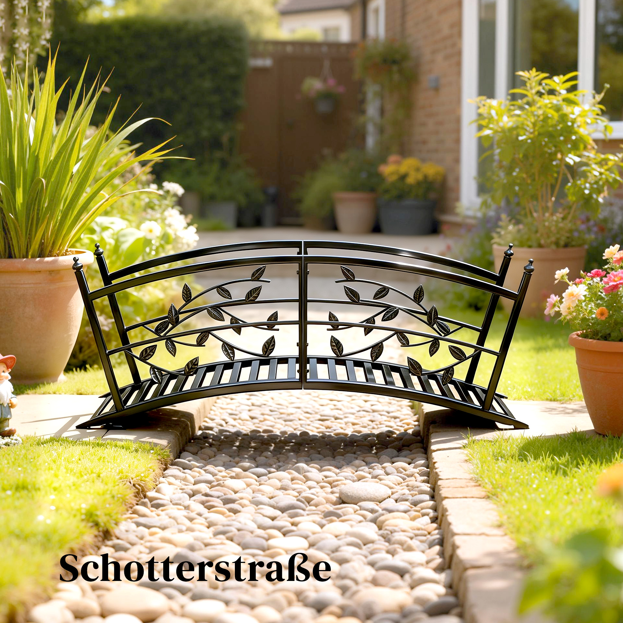 Gartenbrücke aus Metall 120 cm Teichbrücke mit Sicherheitsgeländern Antik-Optik Rostbeständig einfache Montage