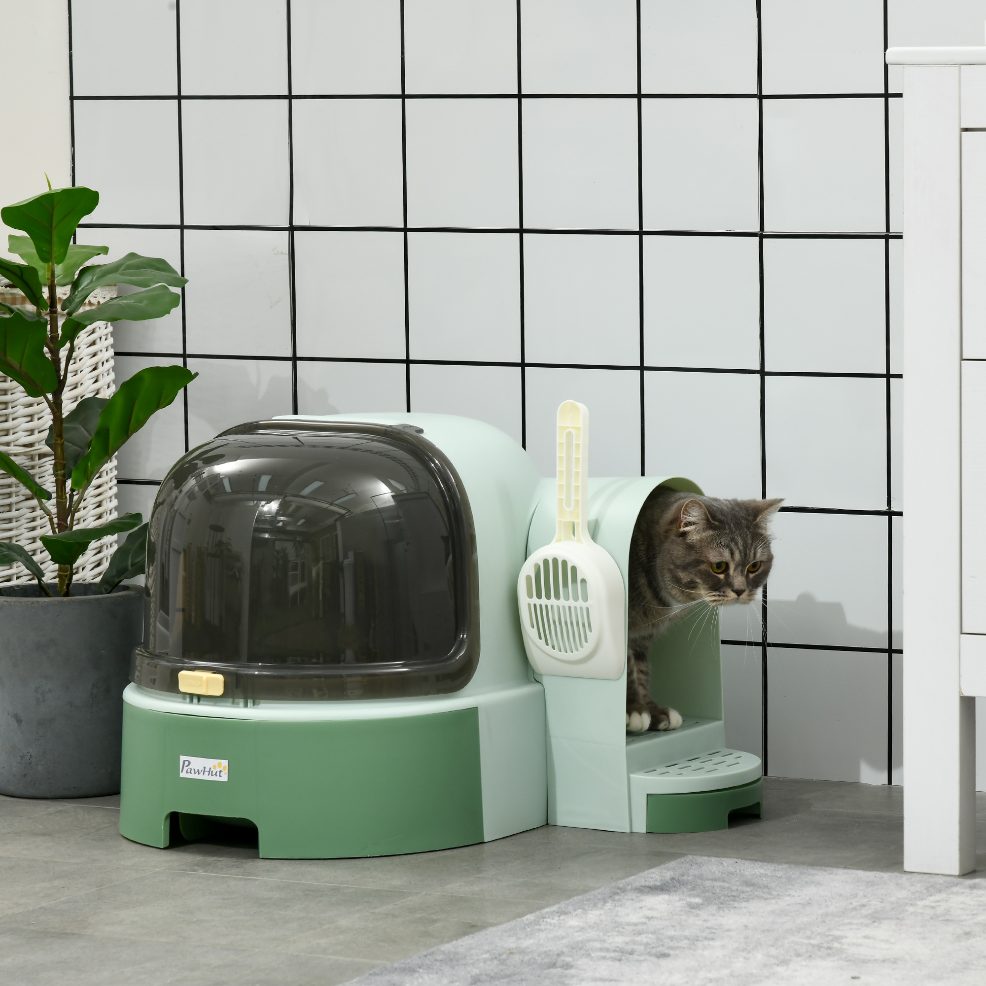 Katzentoilette, 2 herausziehbare Bodenwannen, 1 Schaufel, Streuauffangfach, abnehmbare Haube, Grün + Schwarz