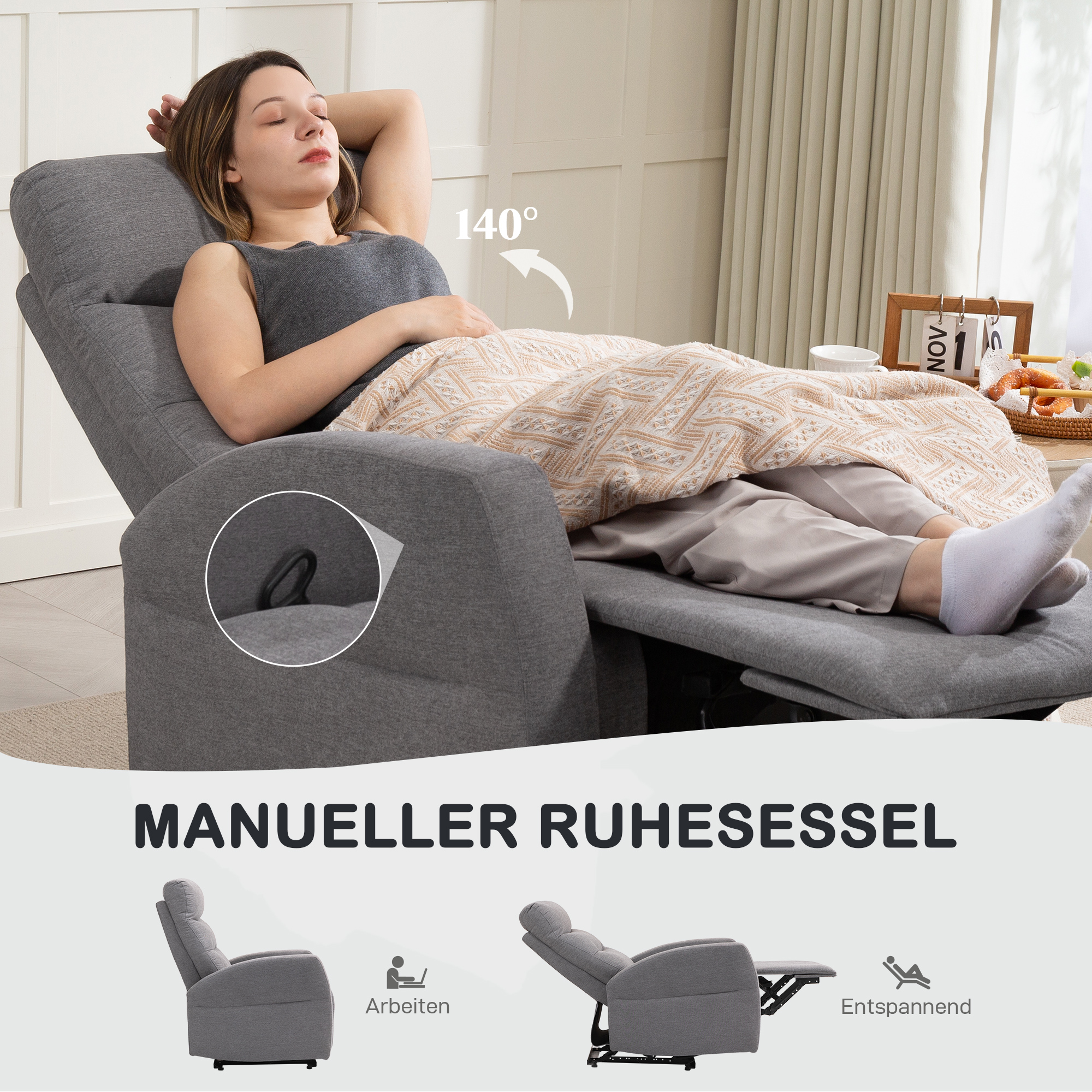 Verstellbarer Relaxsessel mit Fußstütze, Moderner Polstersessel, Dunkelgrau