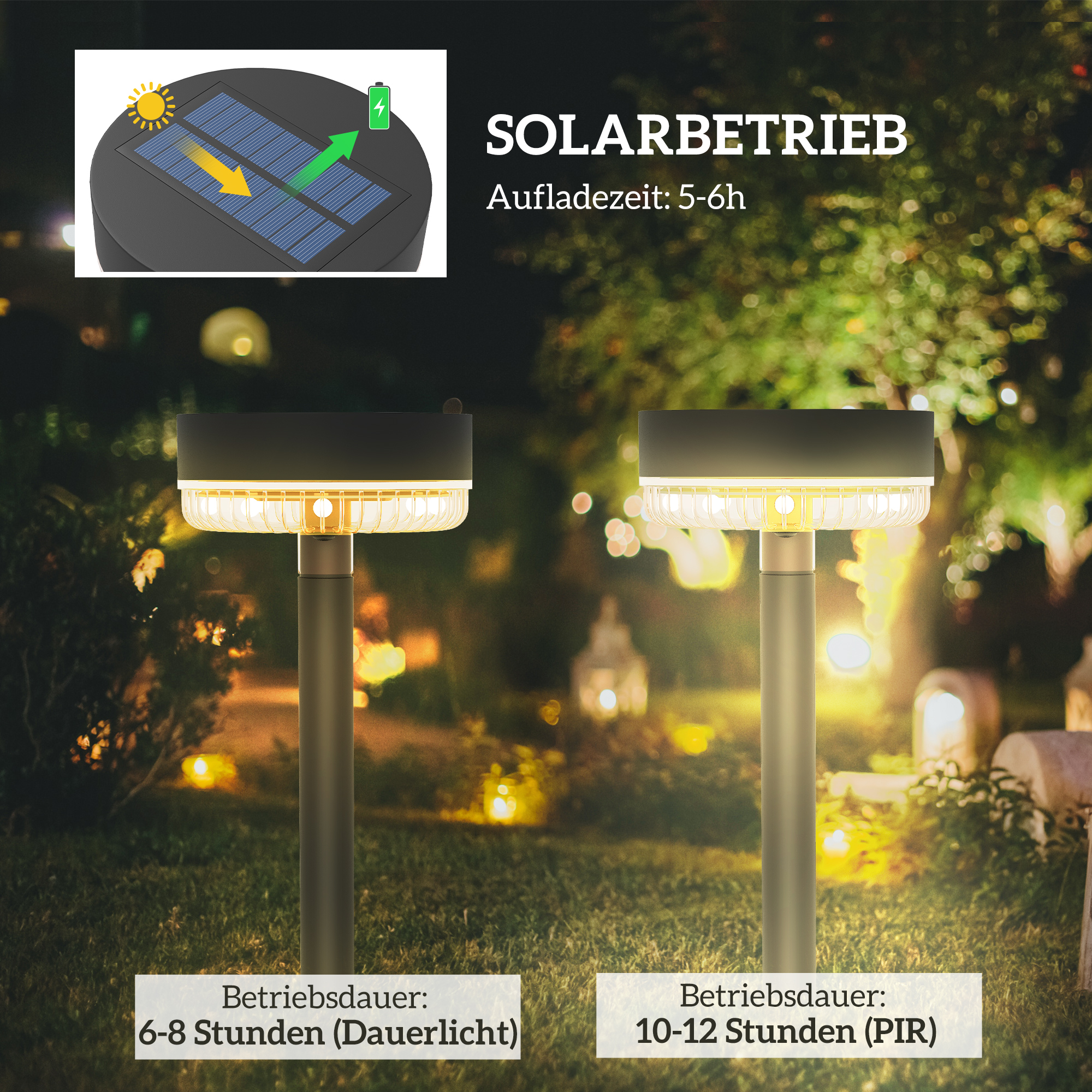 Solar Gartenleuchten, wasserdicht, Warmweiß LED, 10-12h Betriebszeit, Schwarz