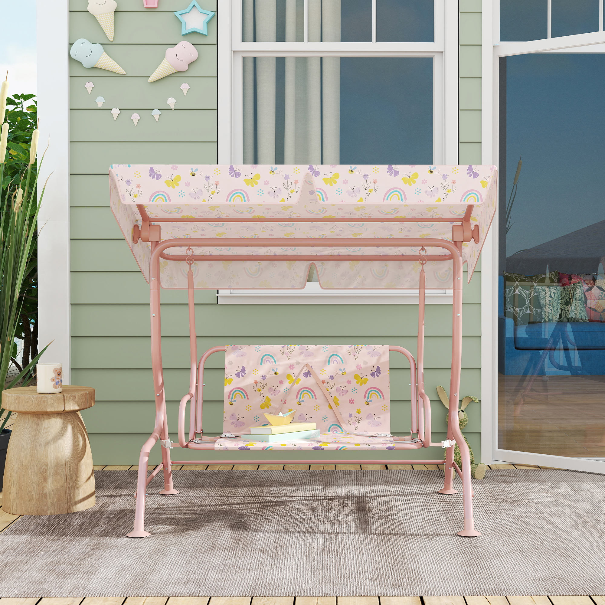 Hollywoodschaukel für Kinder, Stahlrahmen, 2-Sitzer, 60 kg belastbar, Rosa