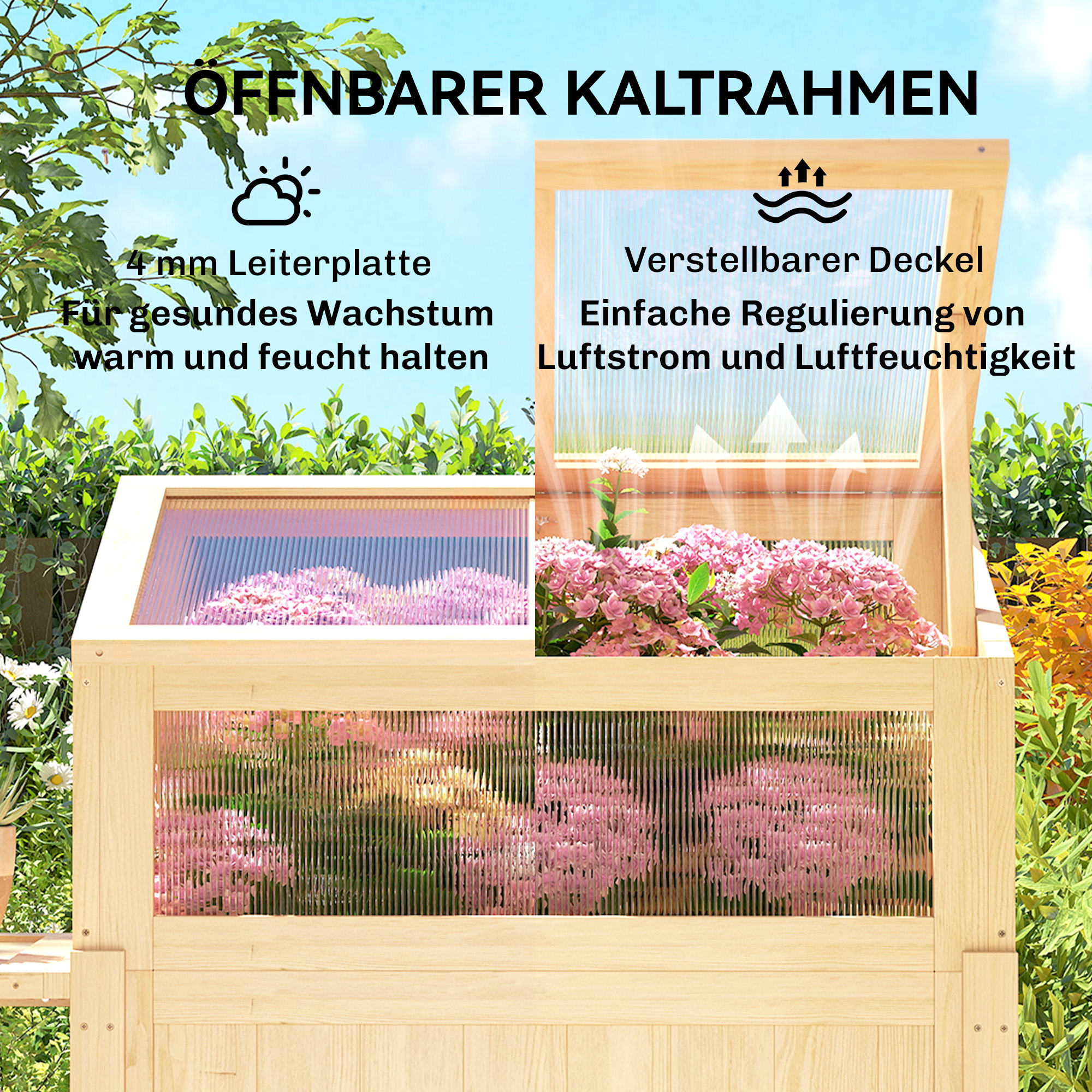 Hochbeet mit Frühbeetaufsatz aus Holz Pflanzkasten mit Gewächshaus klappbar Seitentisch Ablagefach Naturholz