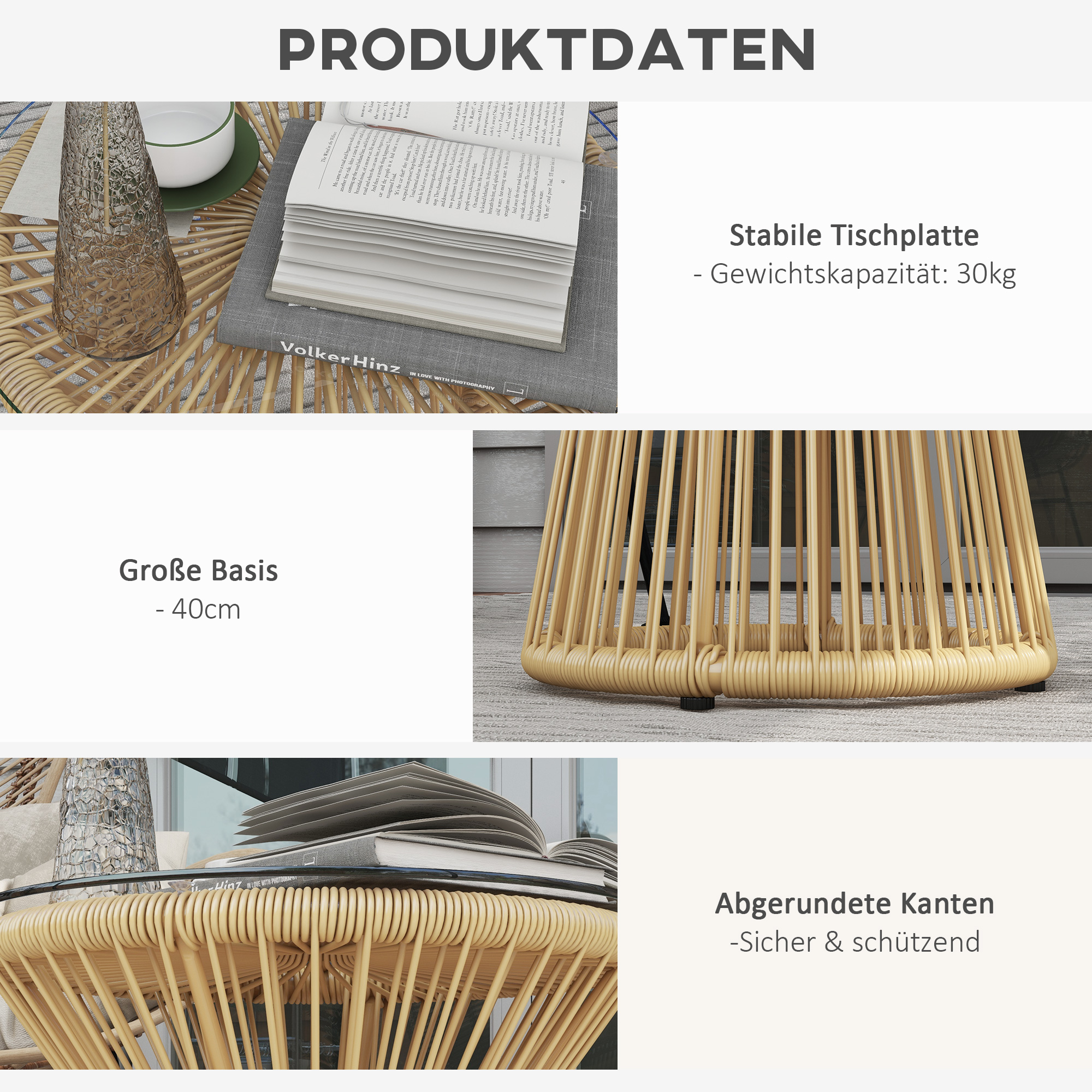Outdoor-Beistelltisch Gartentisch Rattan-Beistelltisch, Glasplatte, PE-Rattan, 40 cm x 40 cm x 42 cm Beige