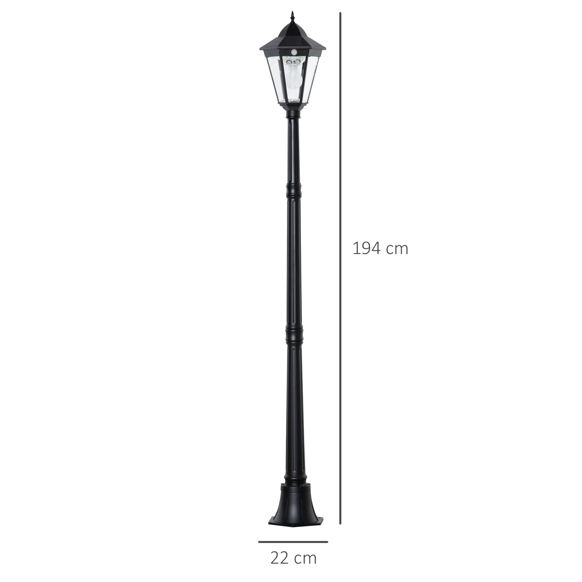 Solar Gartenlaterne Laterne Gartenleuchte Wegleuchte mit 19 LED 130 Lumen 3000K Aluminium gehärtetes Glas Schwarz 22 x 22 x 194 cm