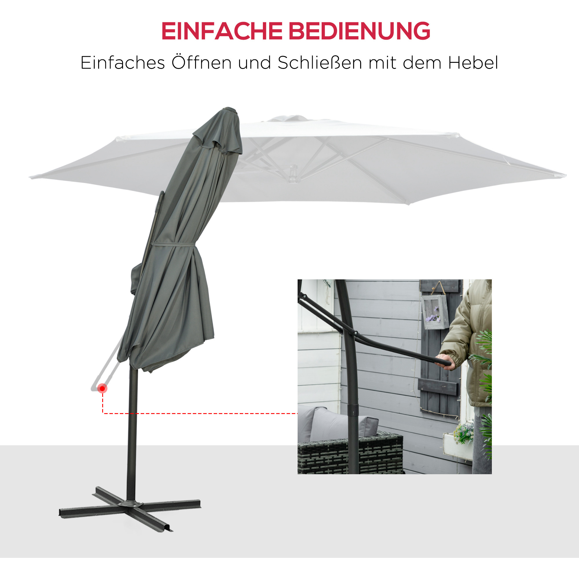 Ampelschirm Ø293cm Sonnenschirm mit Seitenhebel Kreuzbasis, Windschutz Wasserabweisend Dunkelgrau
