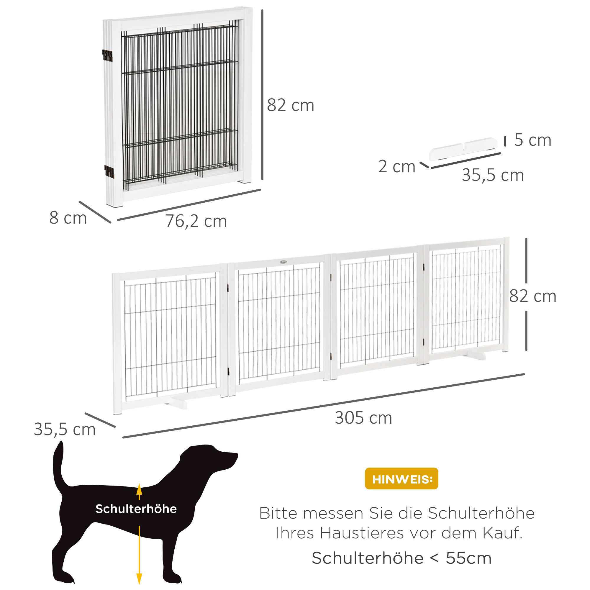 Absperrgitter Hund Freistehendes Schutzgitter mit Füßen 305 x 82 cm Holz Hundegitter Klappbar Treppenschutzgitter Hundeabsperrgitter für Treppen, Türen, Flur, 4 Paneelen, Weiß