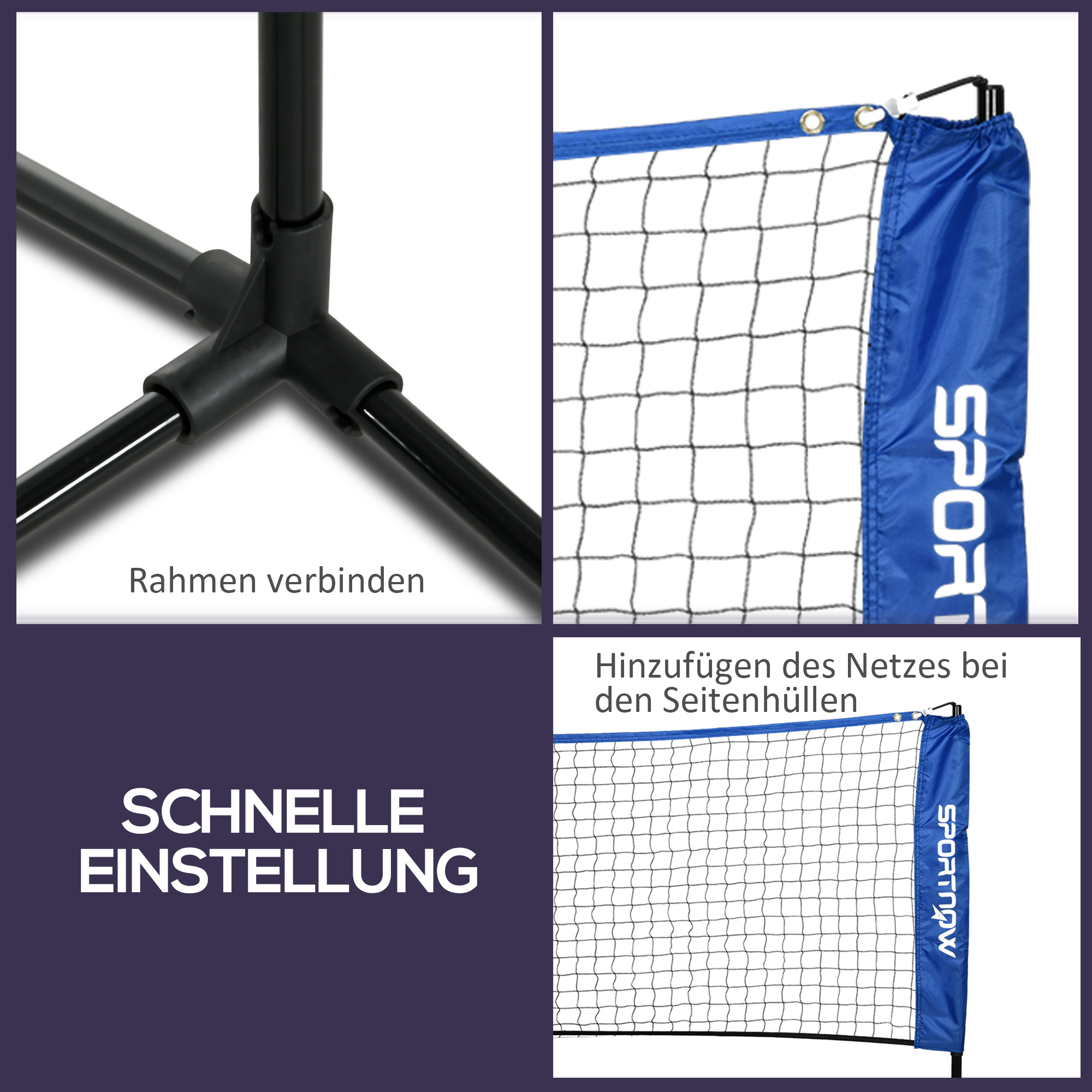 Badmintonnetz, höhenverstellbar, faltbar, mit Tragetasche, 3,10m, Schwarz/Blau