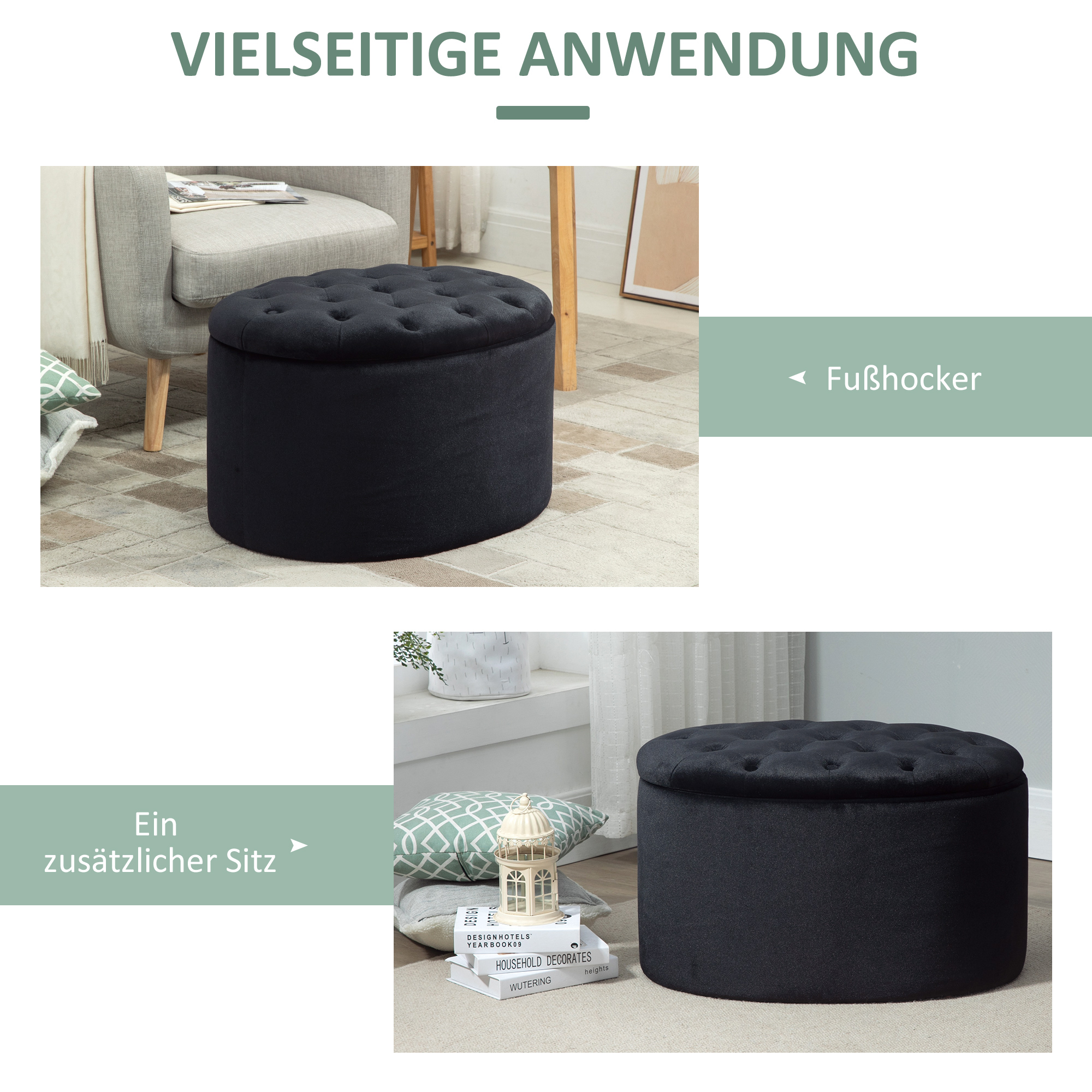 Sitzbank mit Stauraum Polsterbank mit Samtoptik, Sitztruhe Ovale Form, Truhenbank für Wohnzimmer Schlafzimmer Flur 71 x 52 x 42 cm, Schwarz