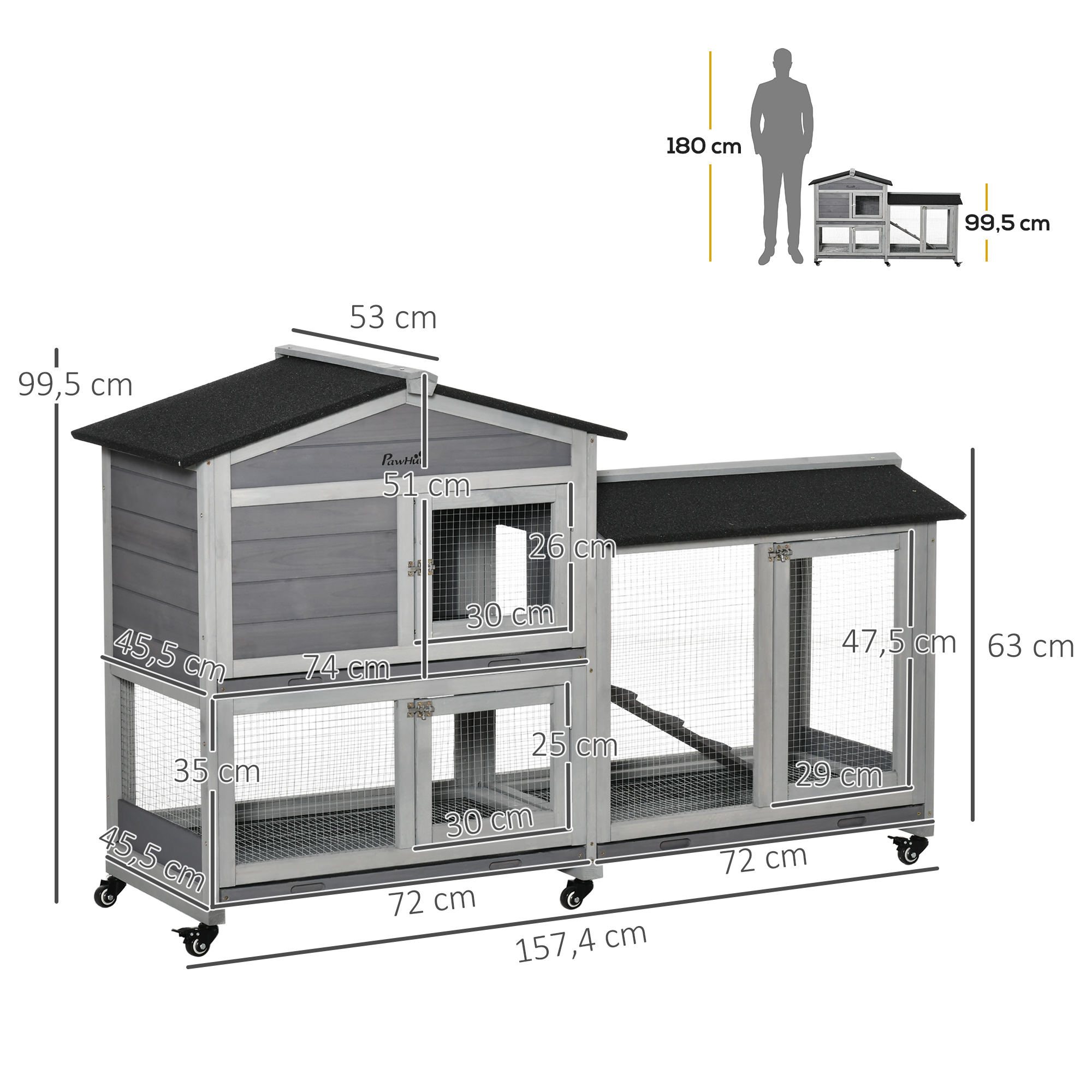 Hasenstall 2 Etagen Kaninchenstall aus Holz 157,4 x 53 x 99,5 cm Kaninchenkäfig mit wetterfest Bitumendach, Freilaufgehege, Rampe, Tür, Stahlgitter, Hasenkäfig für Kaninchen, Outdoor Grau