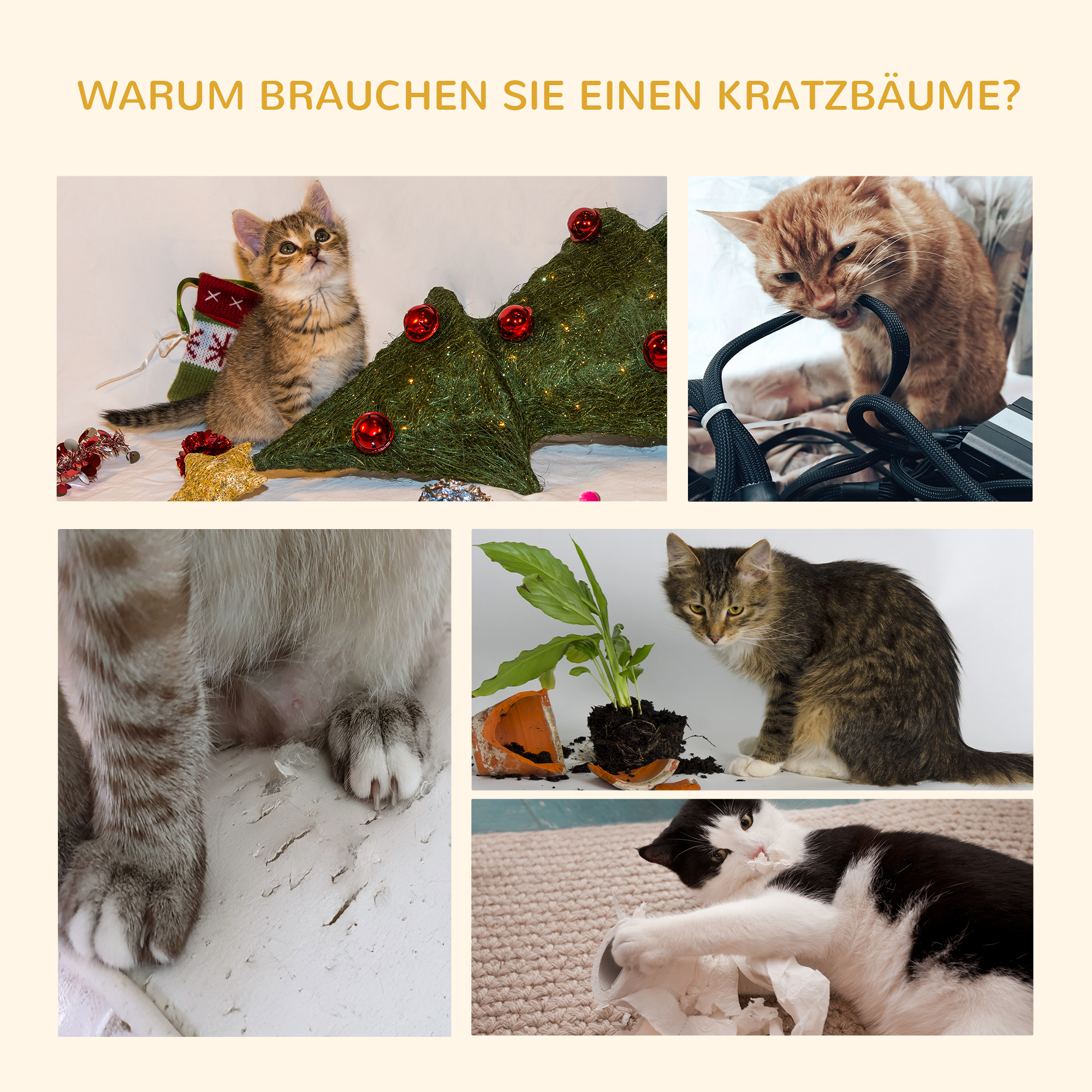 Kratzbaum deckenhoch Höhe 240-260 cm Katzenbaum mit Plüschbälle, Katzenhöhle, Hängematte, Sisalstämme, Plattformen mehrstöckiger Katzenkratzbaum Kletterbaum für große Katzen, Dunkelgrau