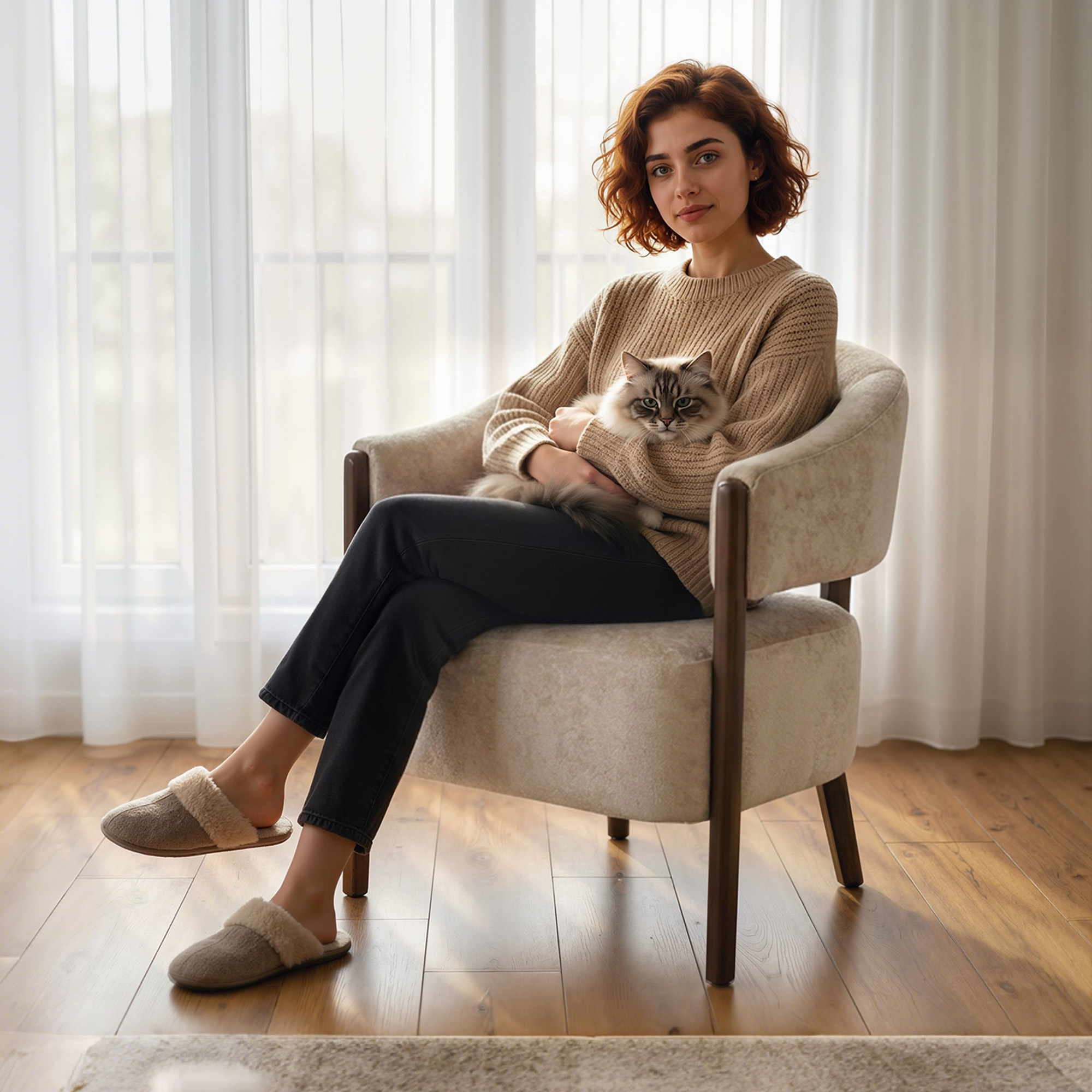 Akzentstuhl, Chenille-Polstersessel mit Massivholzrahmen und Beinen, Beige