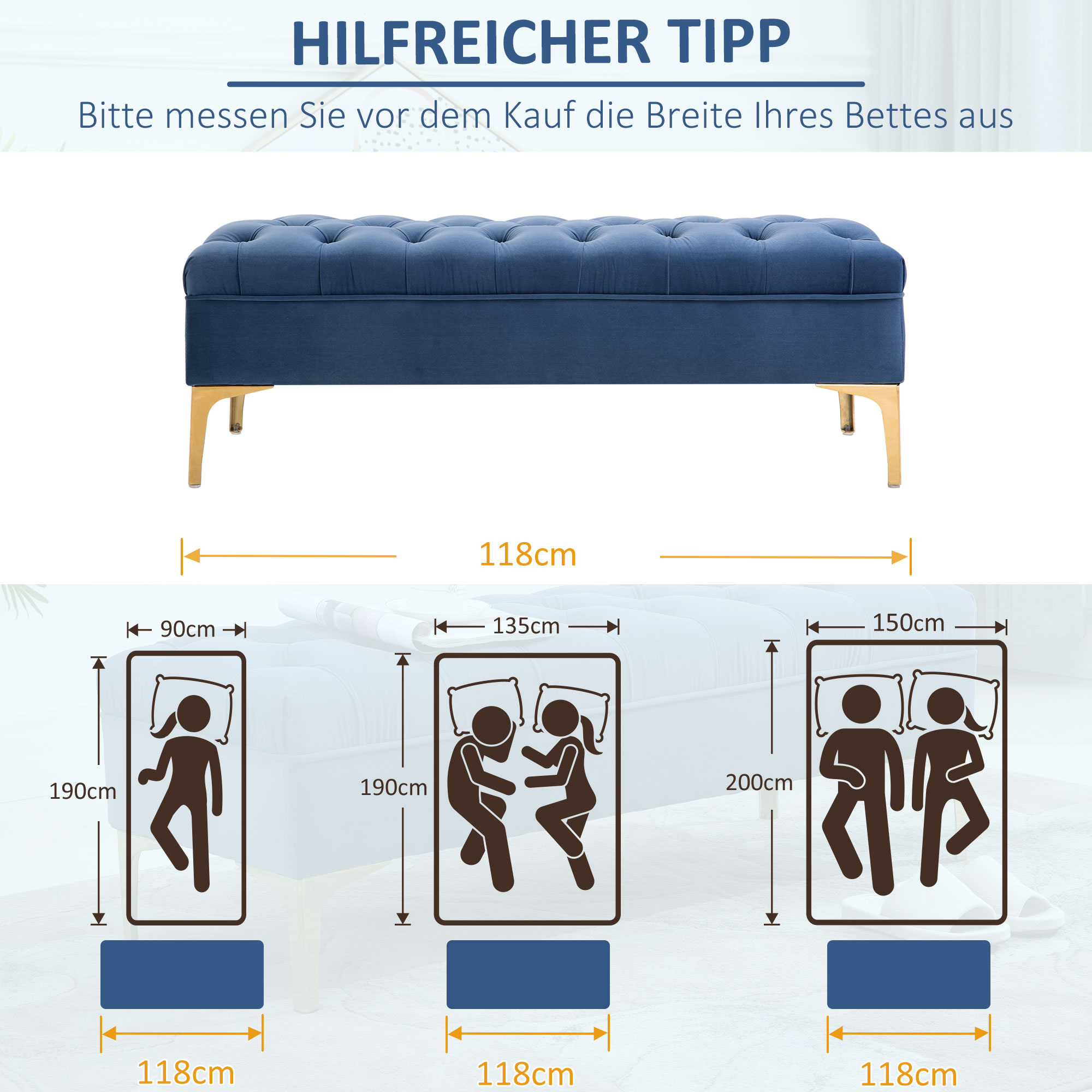 Sitzbank Bettbank Schuhbank mit erhöhten Beine Schlafzimmer Samt Blau