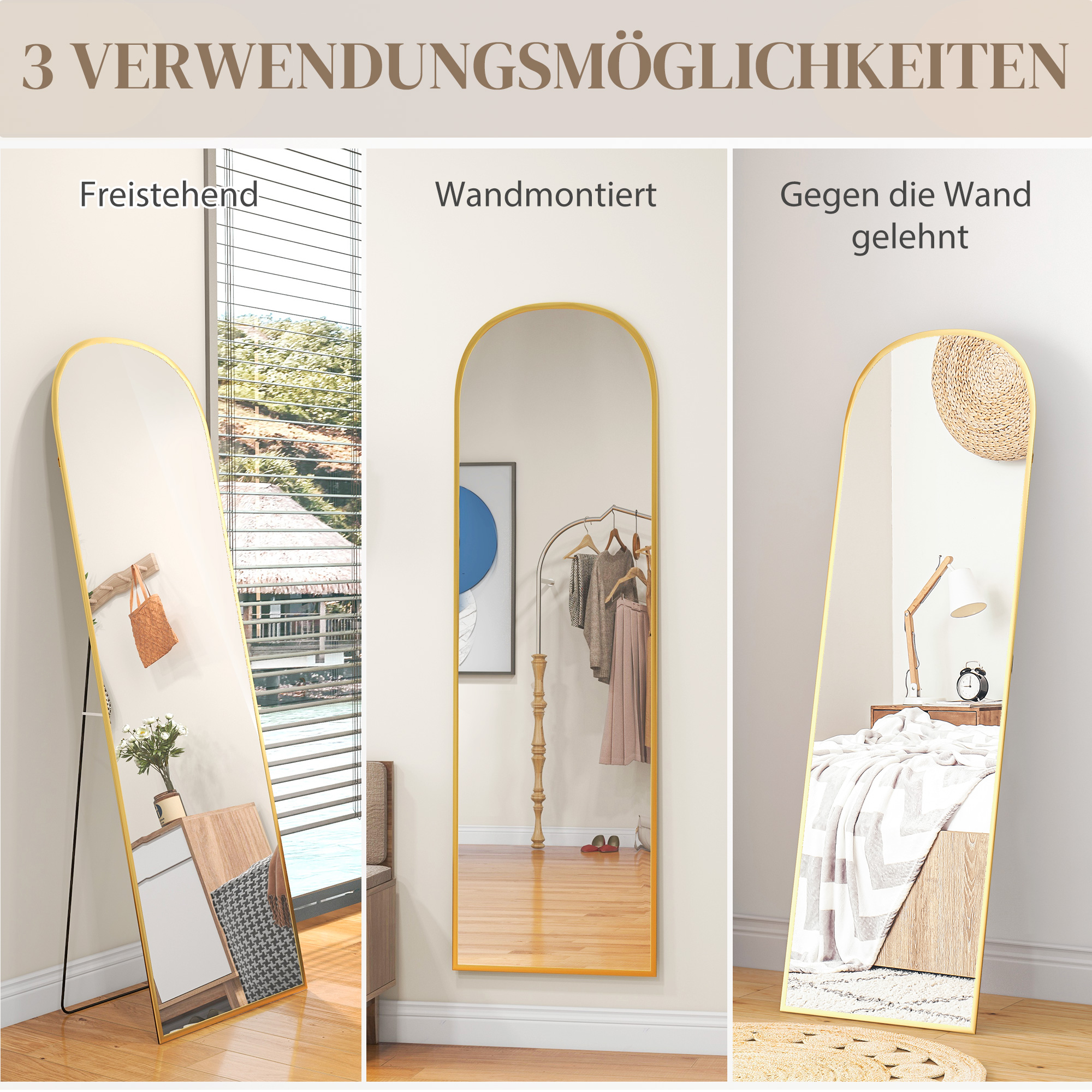 Standspiegel, Ganzkörperspiegel, modernes Design, 50 cm x 1,5 cm x 170 cm, Gold