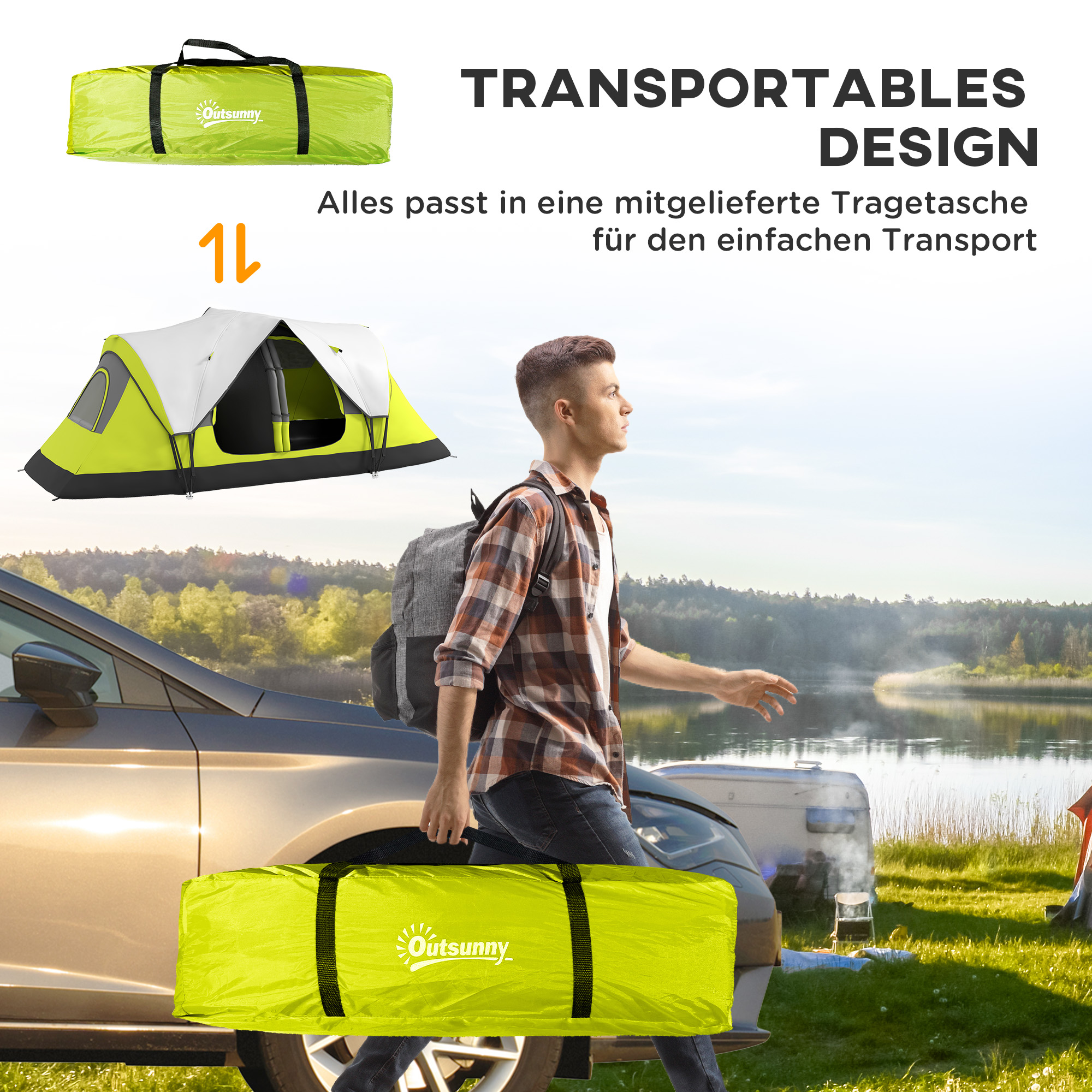 Campingzelt, 2 Räume, Trennwand, für 6-8 Personen, Regenschutz, Dunkelgrün
