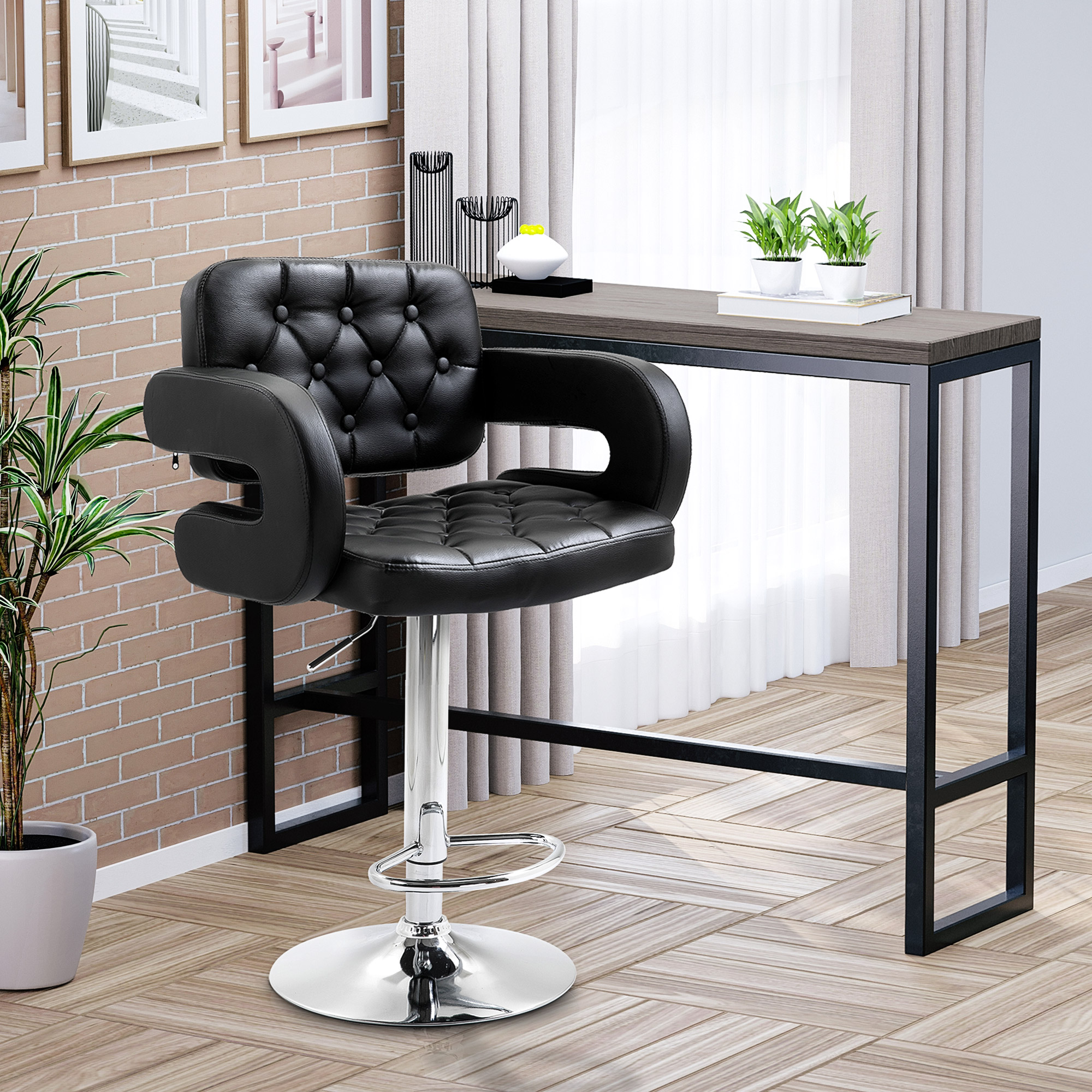 Barhocker, Höhenverstellbar 360° Drehbar Barstuhl mit Metallgestell, Lehne, Fußstütze, 61x50x93-113 cm, Schwarz