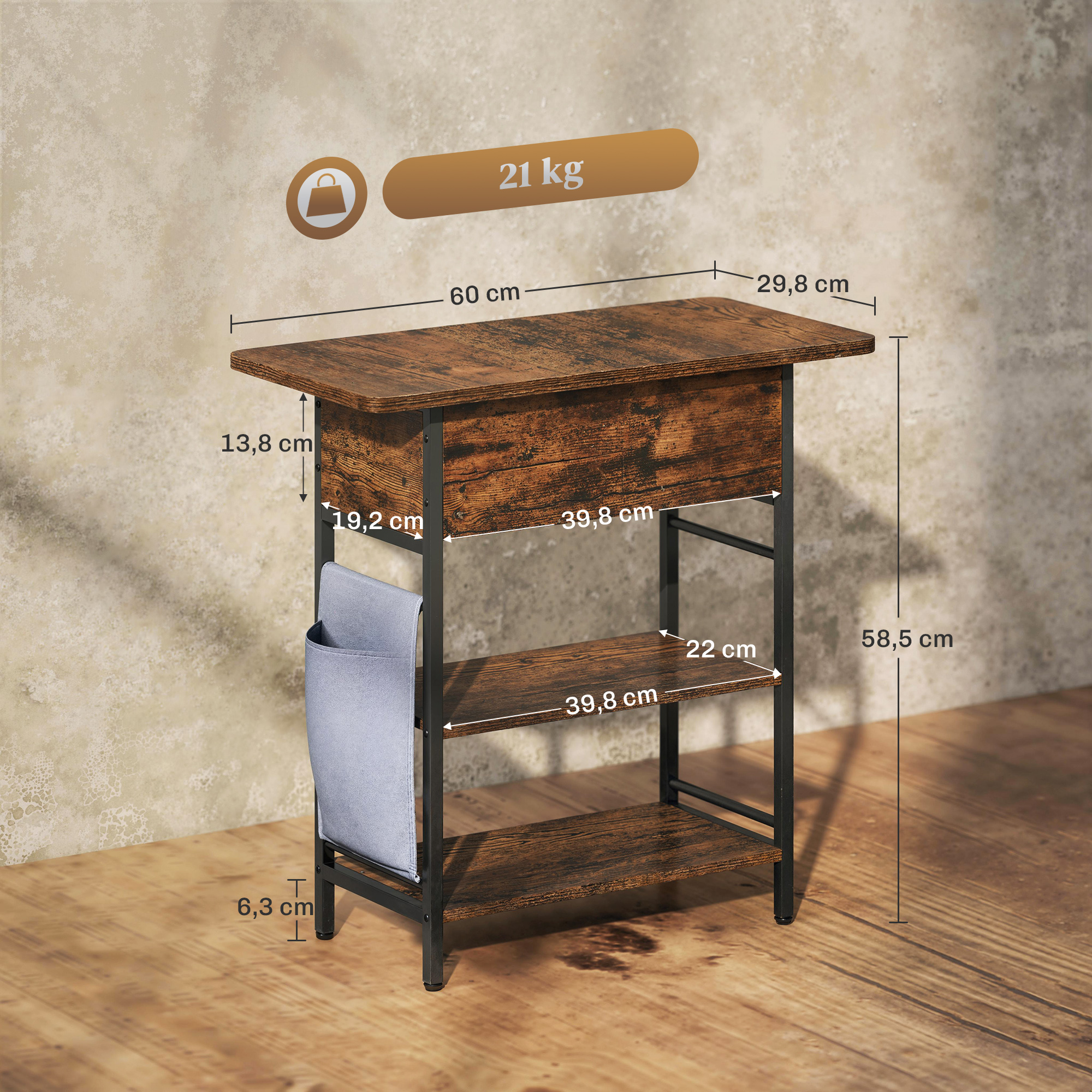Beistelltisch Nachttisch mit Steckdosenleiste, 2 Ebenen, USB-Anschlüssen Stauraum 60 x 29,8 x 58,5 cm Rustikal Braun