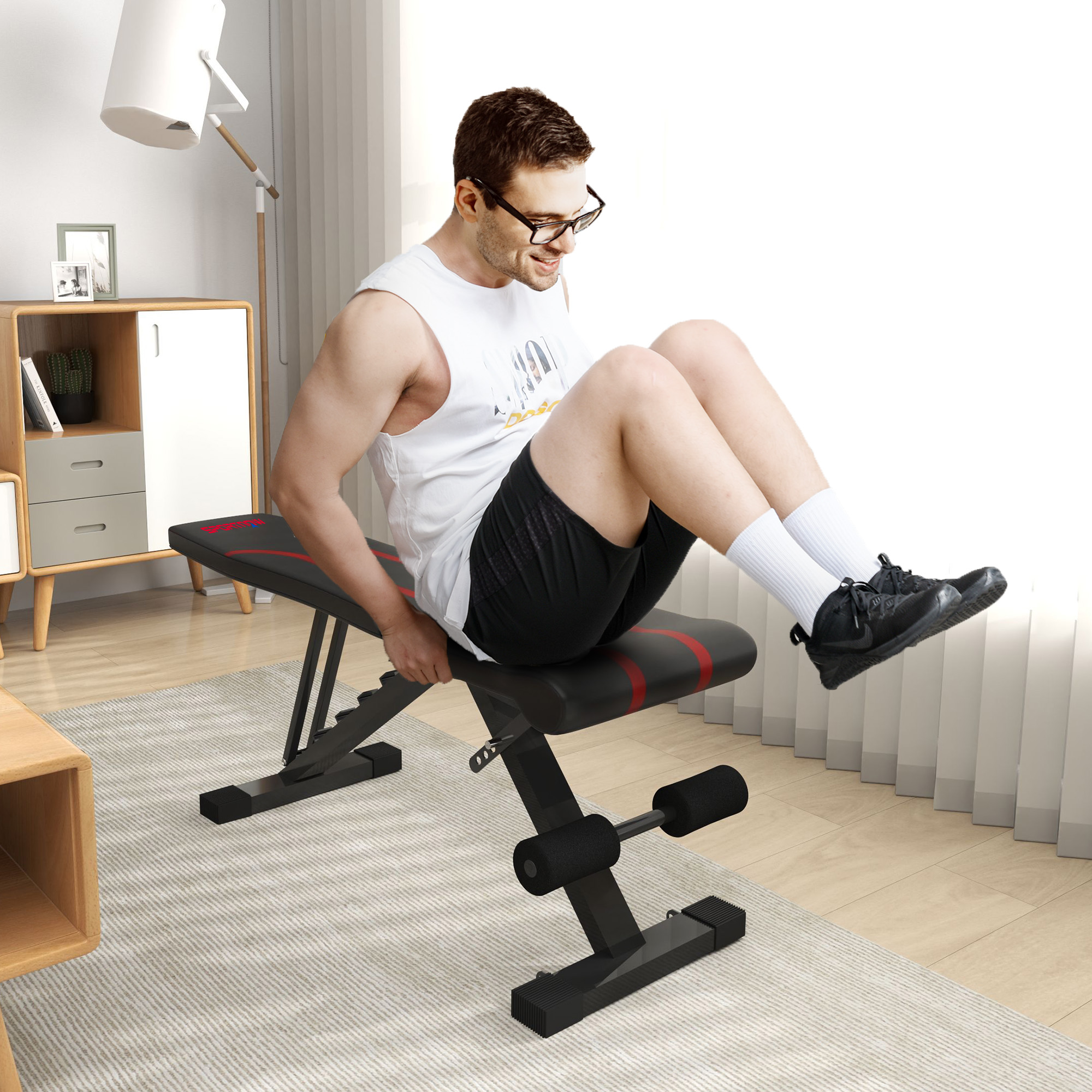 Klappbare Workout-Bank, 6-stufige Rückenlehne, 4-stufiger Sitz, Metall, gepolstert, Schwarz