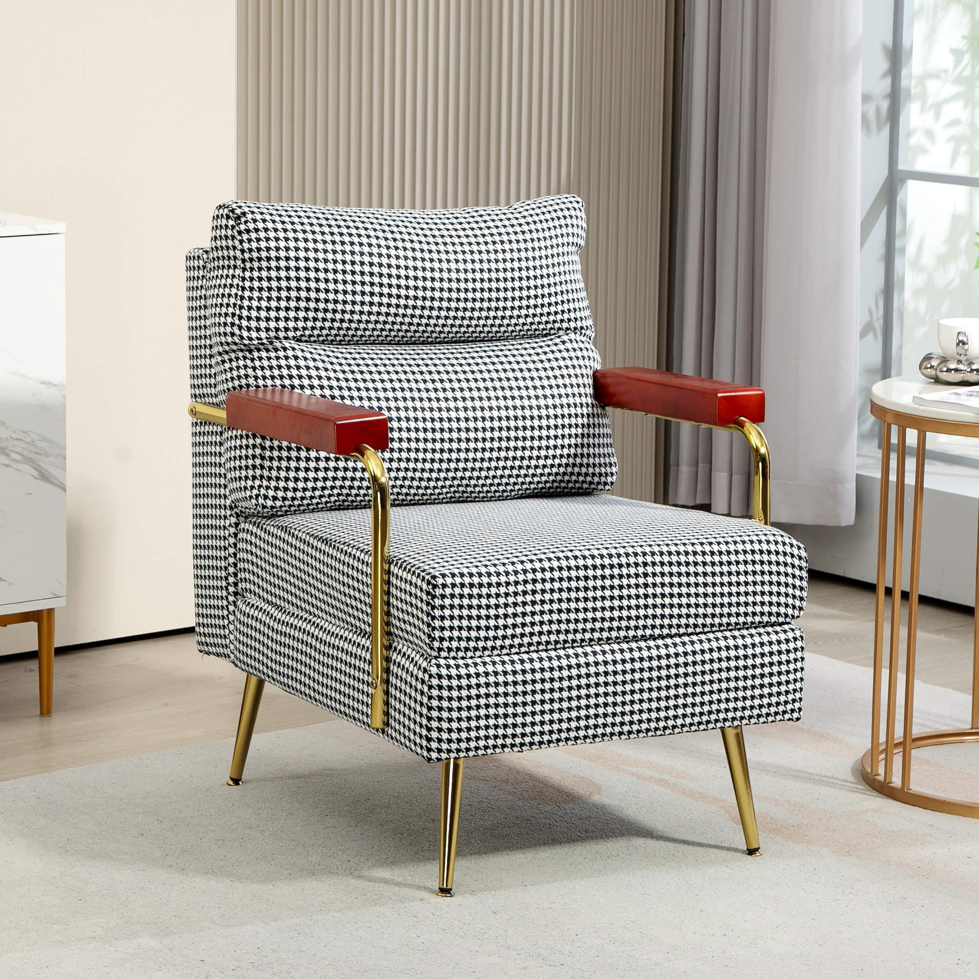 Sessel im Retrodesign, Akzentsessel, Hahnentrittmuster, Holzemelente, Federkern, Schwarz + Weiß