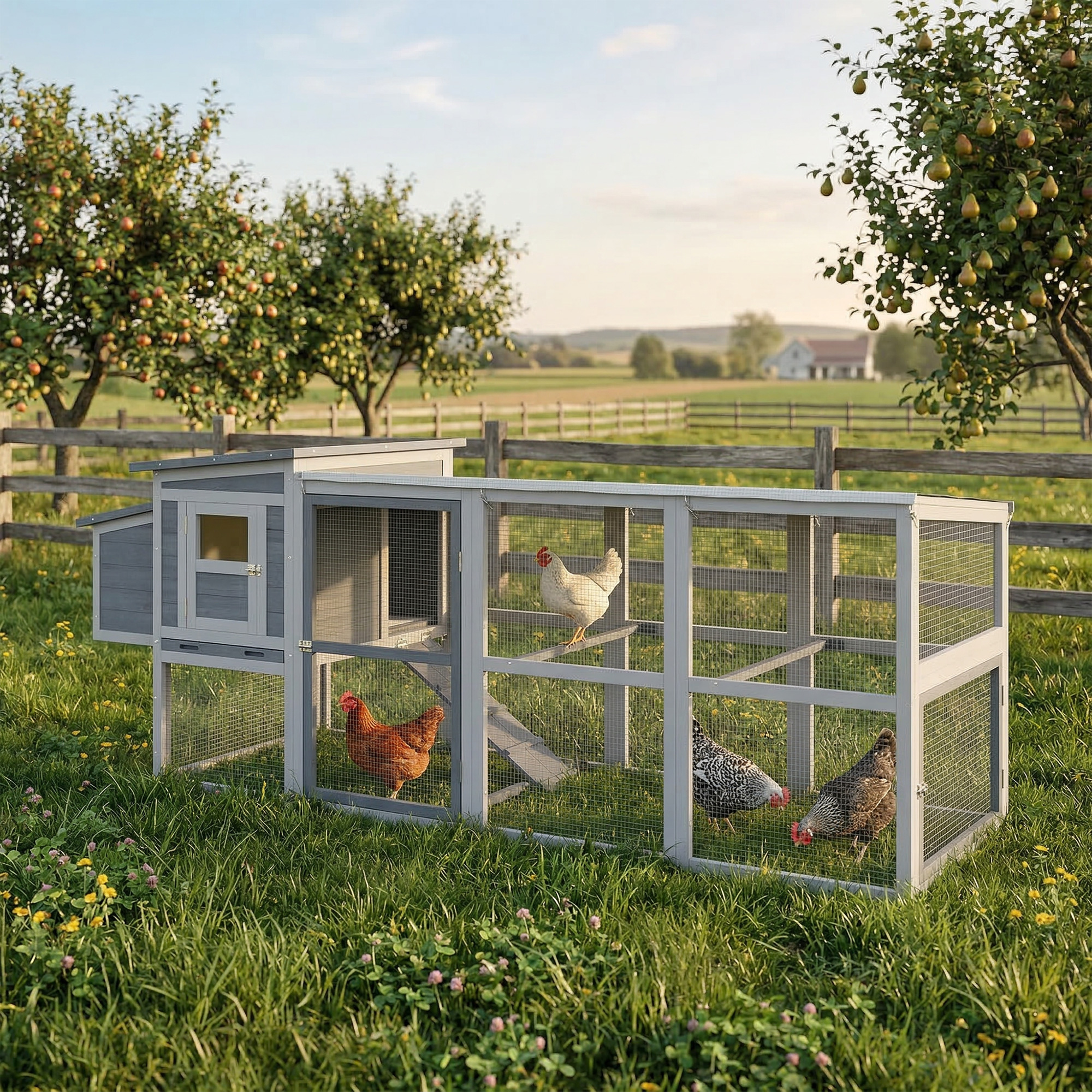 Hühnerstall Hühnerhaus für 3-4 Hühner mit Auslauf Nistkasten Asphaltdach Oxford-Abdeckung Auszugsschublade 264x82x89cm Grau