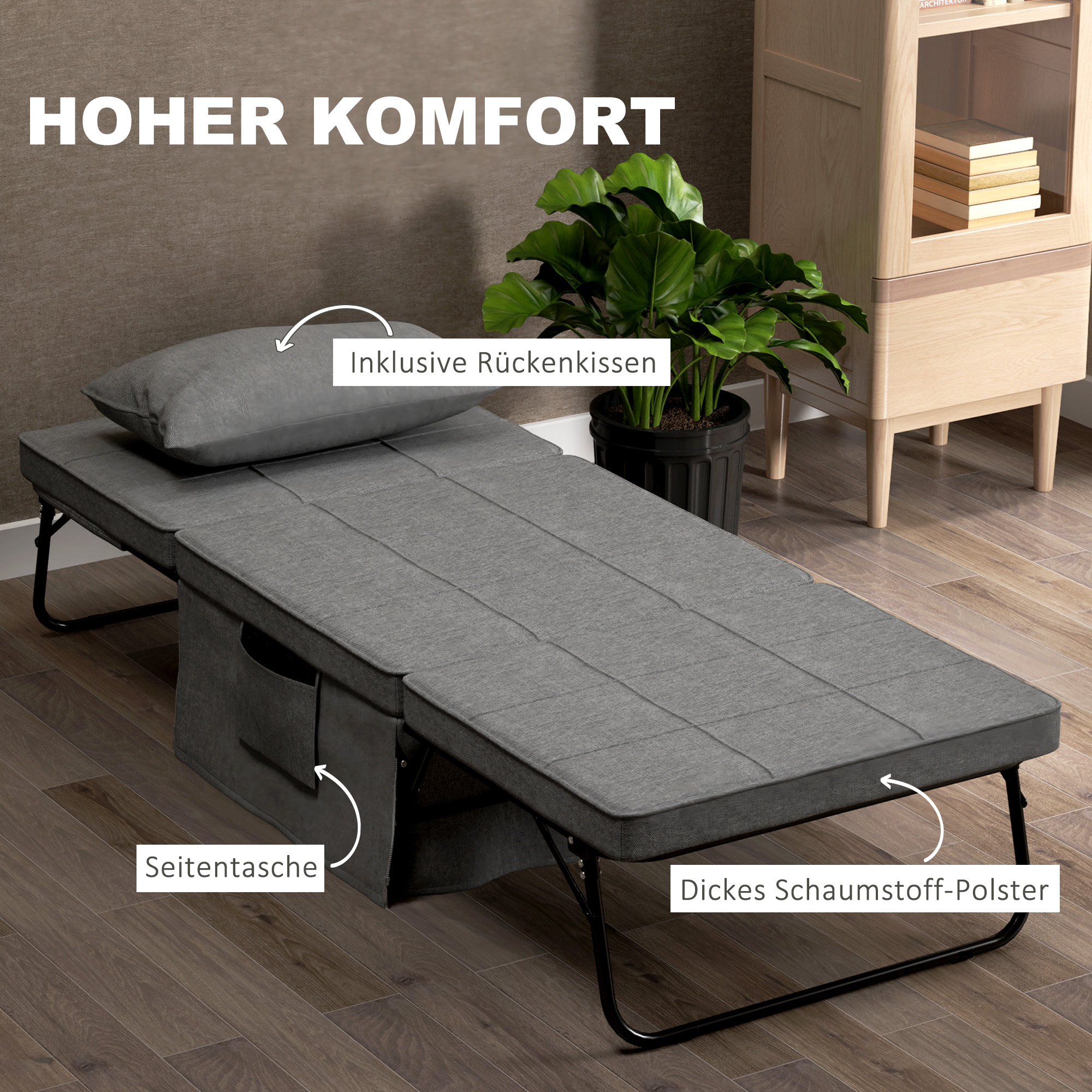 4-in-1 Klappbett, Gästebett, höhenverstellbar, Matratze, Seitentaschen, Metallrahmen, grau, 188 x 75 x 38 cm
