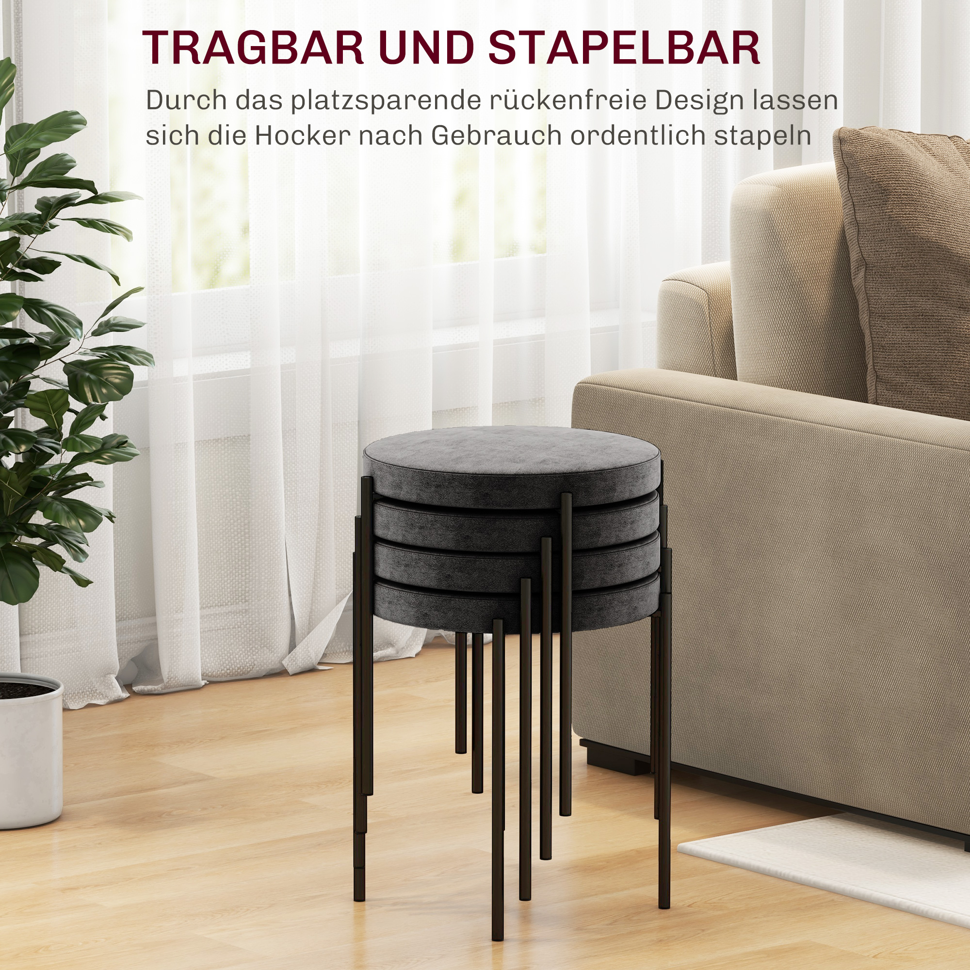 Küchenhocker 4-er Set, stapelbar, Samtoptik, bis 100kg, Stahlrahmen, 41,5 x 41,5 x 46 cm, Dunkelgrau