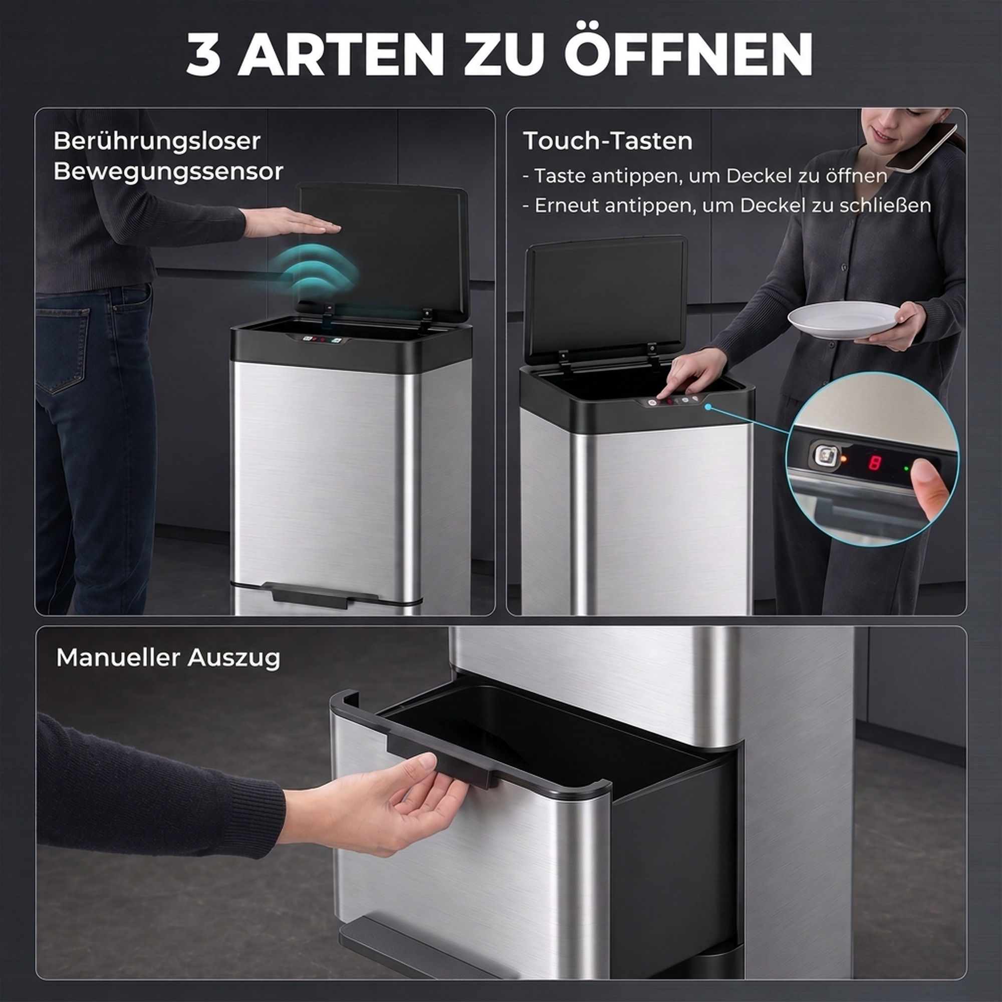 40L Sensormülleimer, 3 Fächer (2 x 12,5L + 15L), mit Soft-Close- & Offenhaltefunktion, Silber