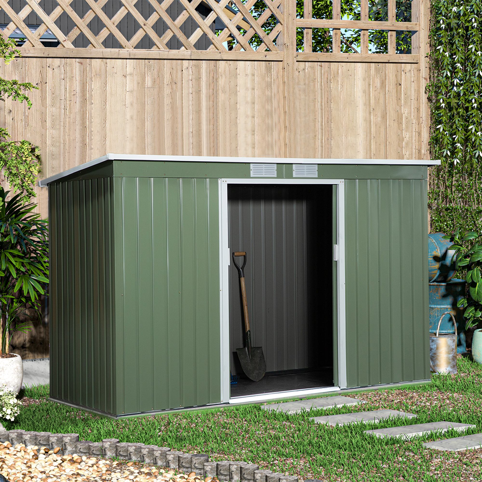 Metall Gerätehaus 6,3m³ 280x130x172cm Geräteschuppen mit Pultdach Schiebetür wetterfest Gartenhaus Outdoor Garten Schuppen Schrank für Hinterhof Außenbereich Anthrazit, Hellgrün