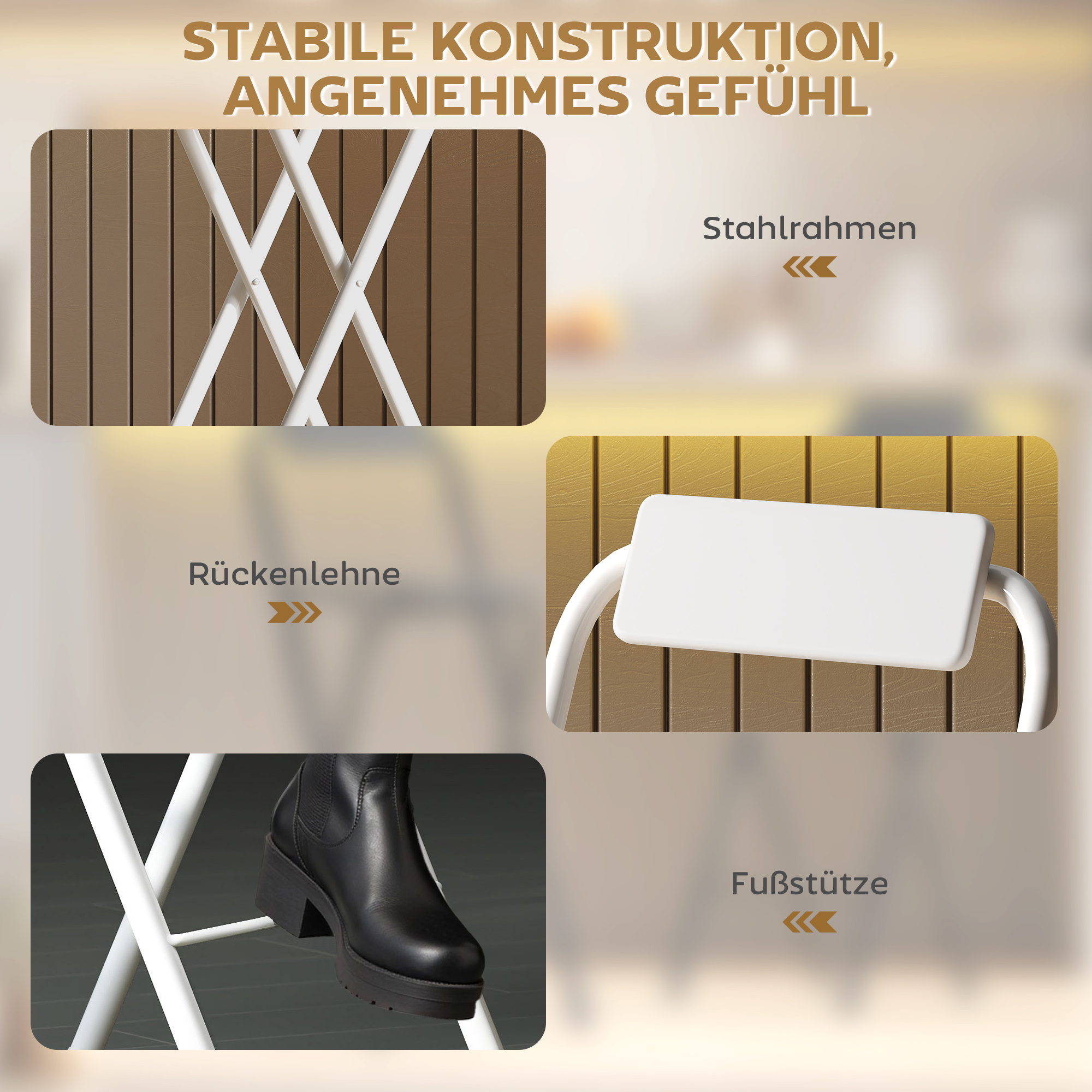 Barhocker 2er Set, Klappbar Barstuhl mit Stahlgestell, Lehne, Fußstütze Tresenhocker für Küche 37 x 45 x 87 cm Weiß