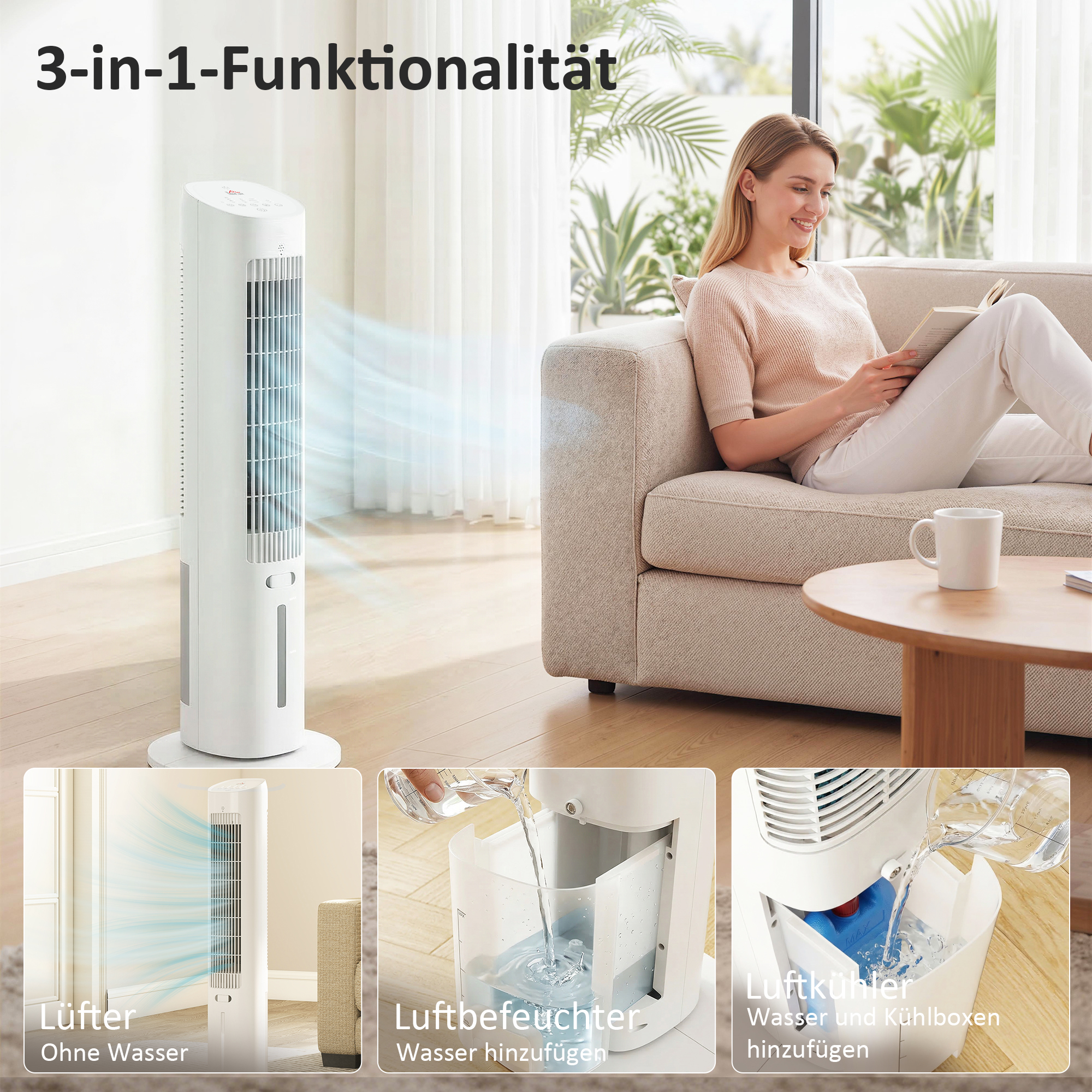 tragbarer 3-in-1 Turm-Luftkühler mit 3-Liter-Wassertank, 3 Geschwindigkeiten und 3 Modi, weiß