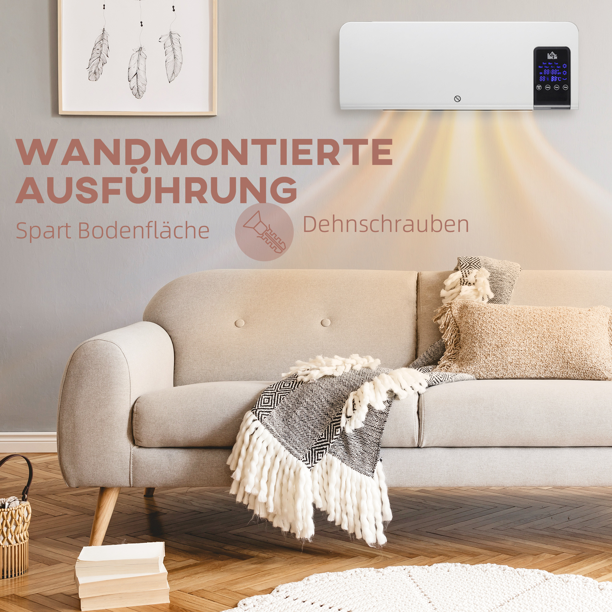 Elektro-Heizung, Wandmontage, Schwingfunktion, 2 Modi, Timer, LED-Anzeige, Weiß