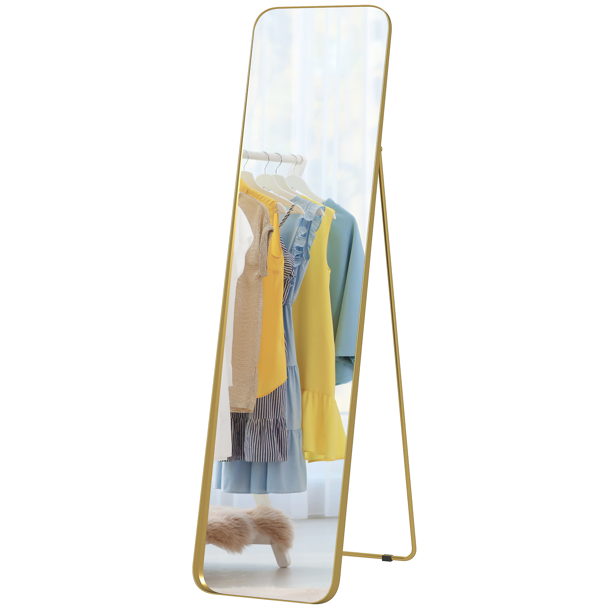 Ganzkörperspiegel, freistehend, neigbar, Metallrahmen, MDF, 160 x 40 cm, Goldfarben
