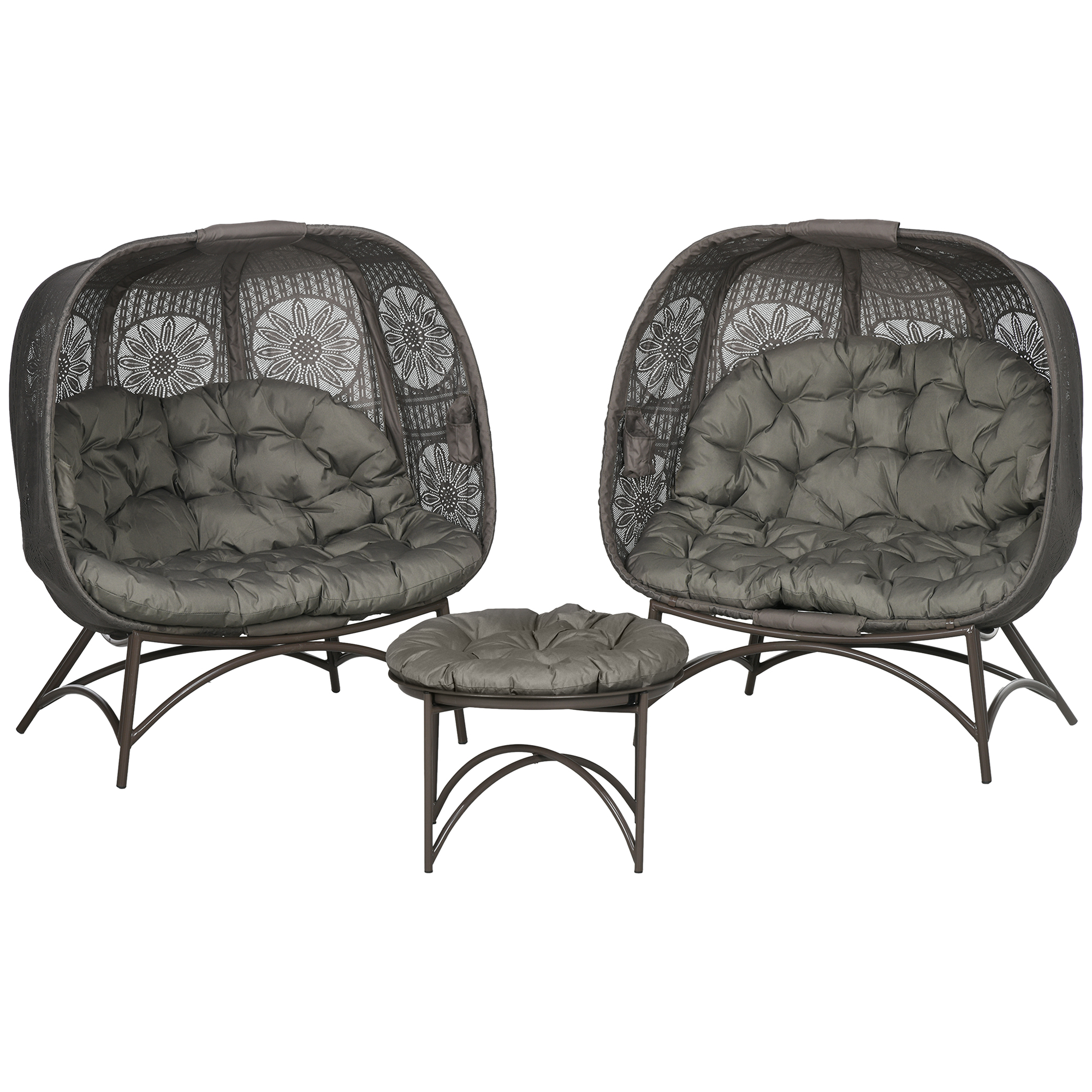 Gartenmöbel-Set, 2 Korbsessel mit Beistelltisch, faltbar, Sitzauflagen, Metallgestell, Farbe: Sand