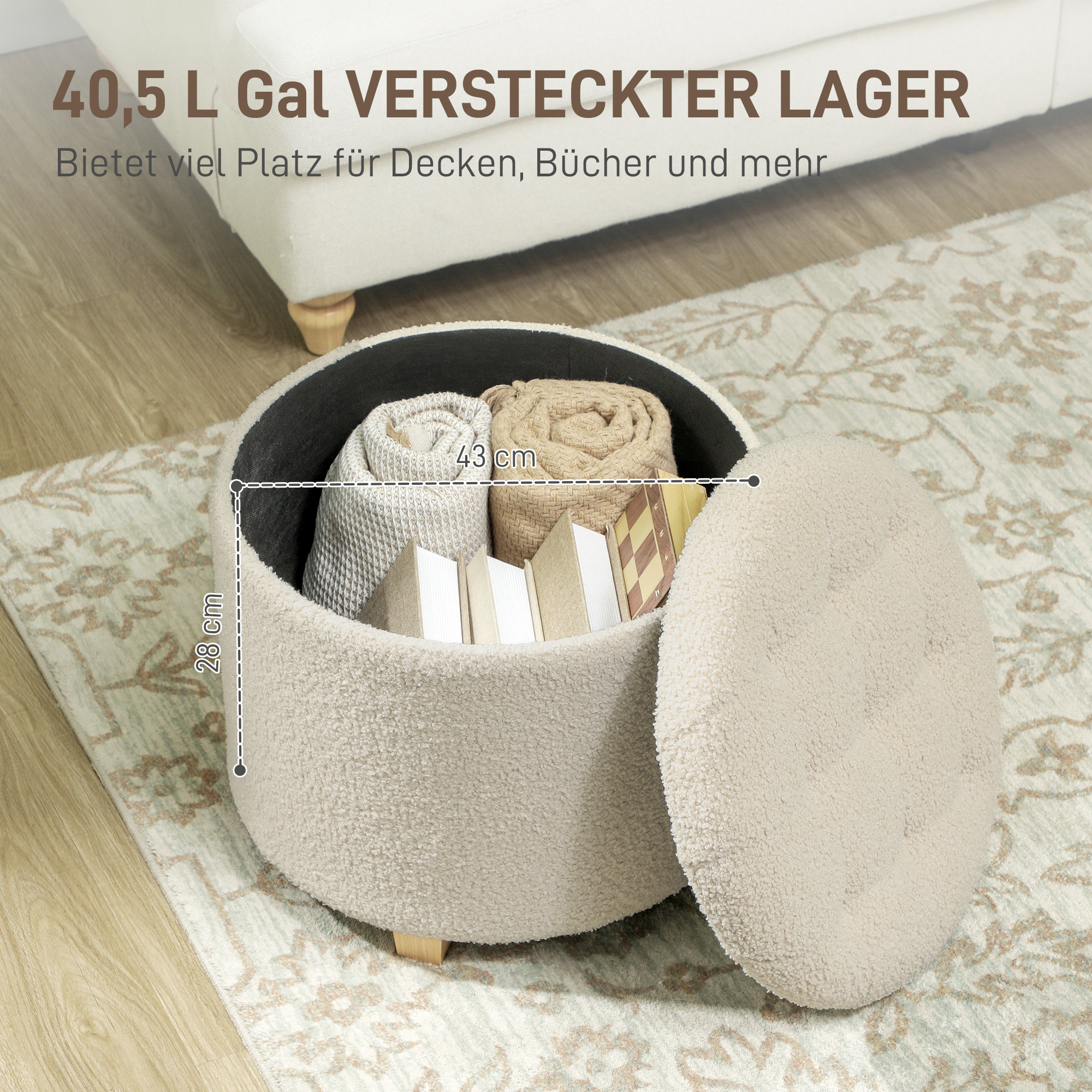 runder Sitzhocker mit Stauraum, Deckel und Holzbeinen, Fußhocker für Wohnzimmer, Flur, Schlafzimmer, Cremeweiß