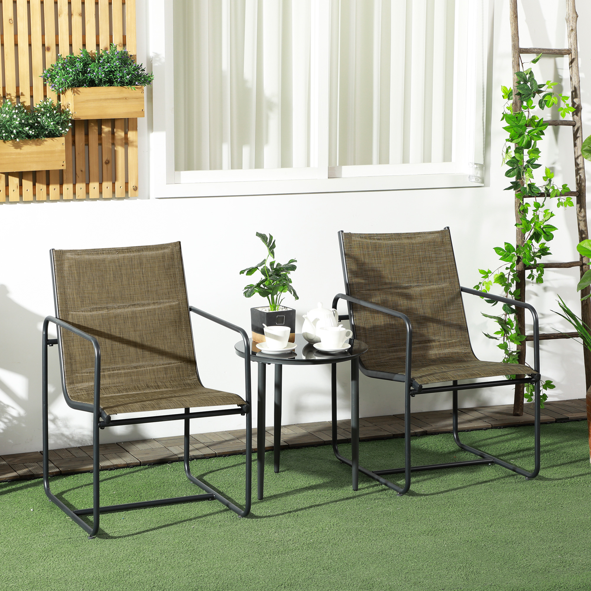 Gartenstuhl, 2er-Set, atmungsaktiver Bezug, robuster Metallrahmen, 54x66,5x88cm, Schwarz/Braun