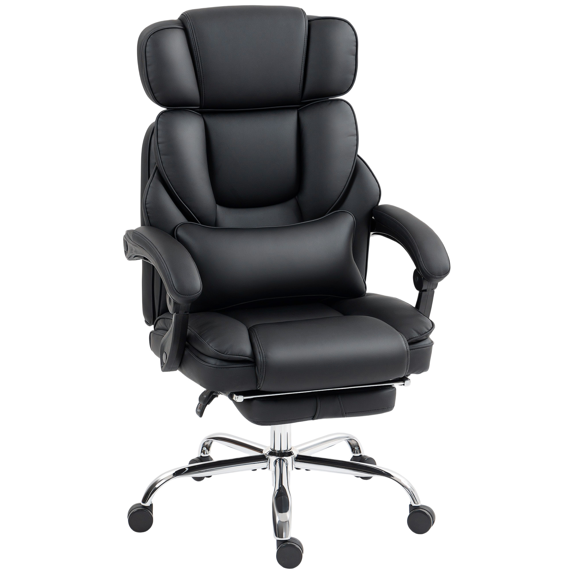 Bürostuhl Ergonomischer Höhenverstellbarer Drehstuhl mit Lendenwirbelstütze, Armlehne, Fußstütze, PU-Leder, Schwarz