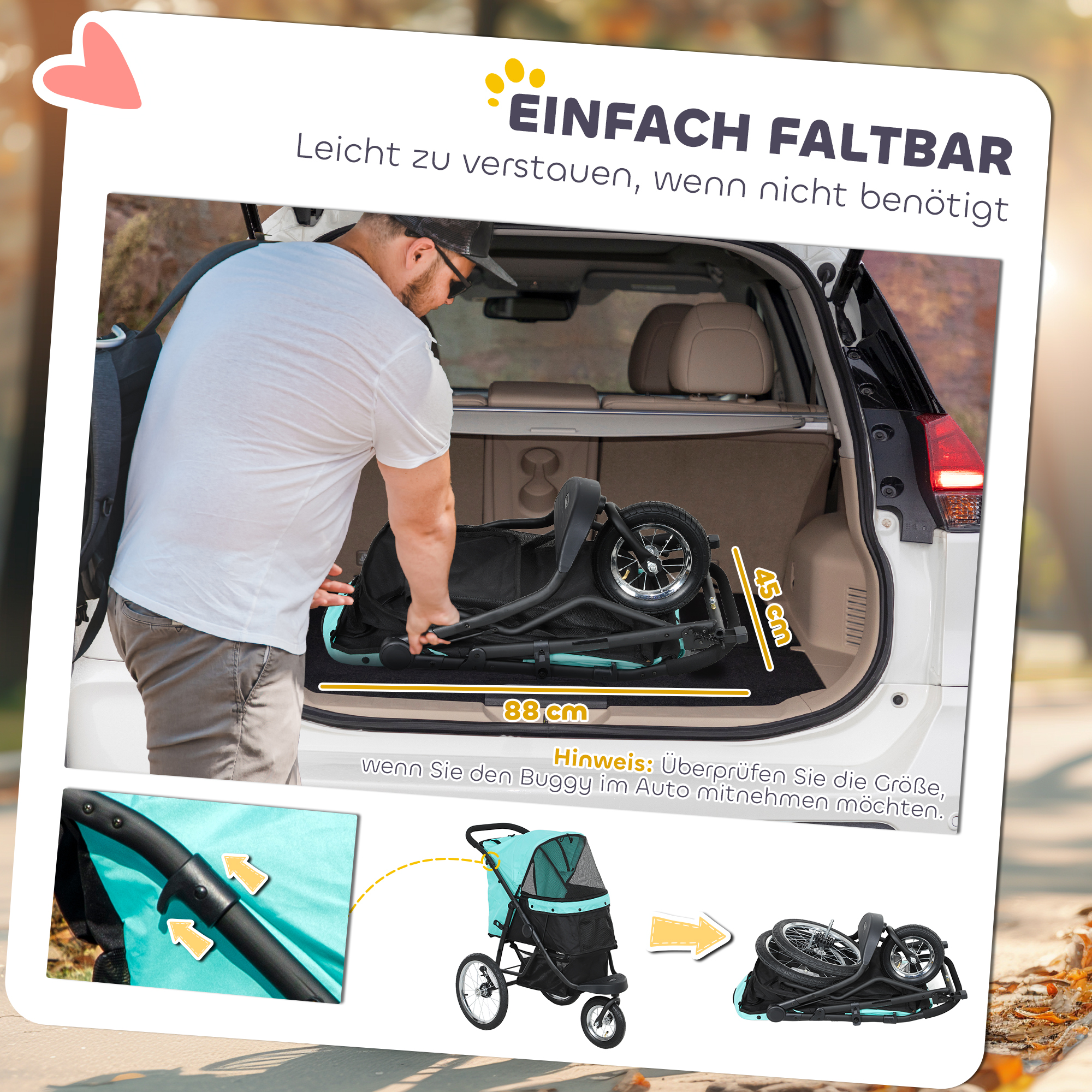 Hundebuggy, Haustierwagen für kleine Hunde und Katzen, mit Aufbewahrungskorb, Ein-Klick-Faltdesign, Türkis
