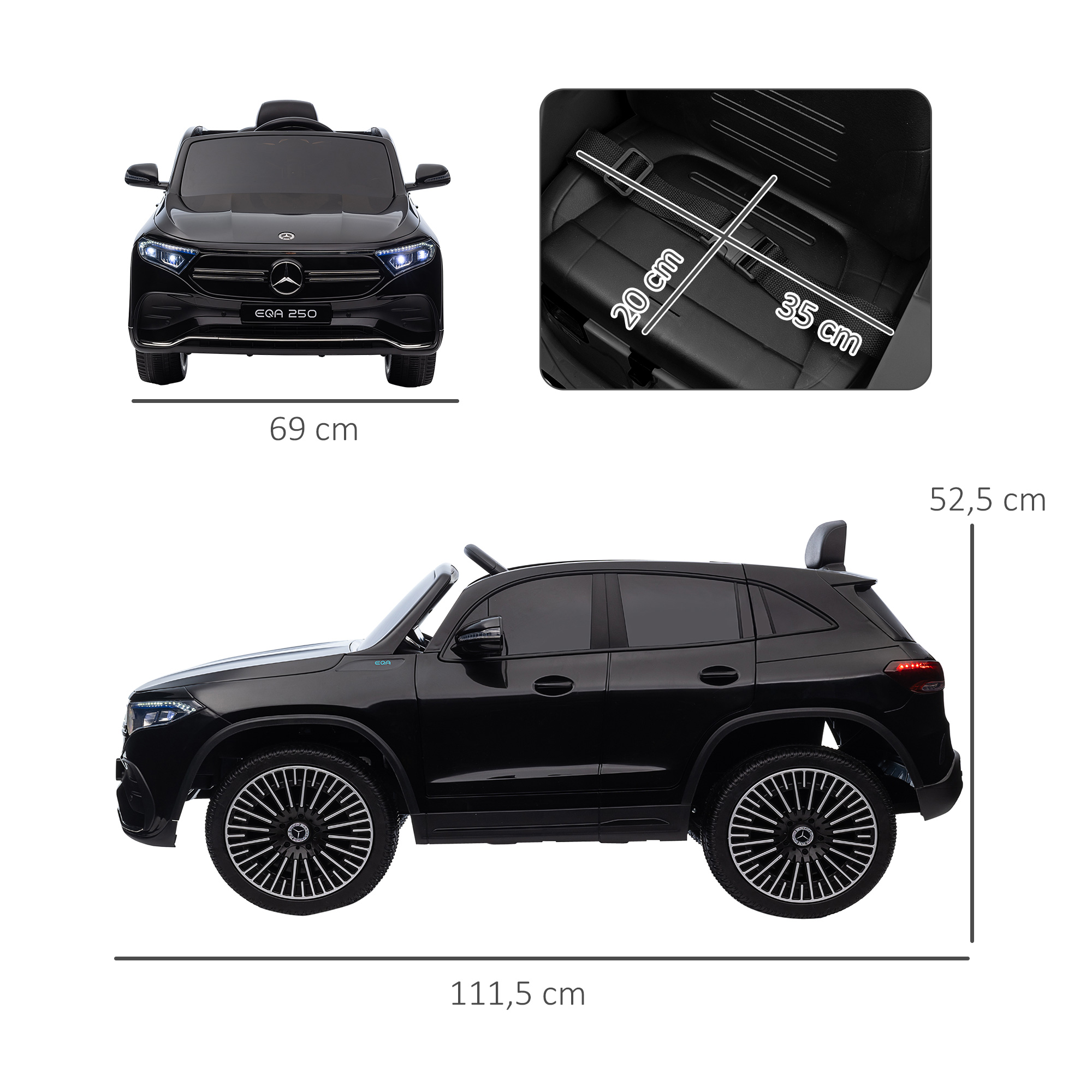 Elektro Kinderauto, lizenzierter Mercedes-Benz EQA, 3-8 km/h, Musik, Scheinwerfer, Hupe, Fernsteuerung, schwarz