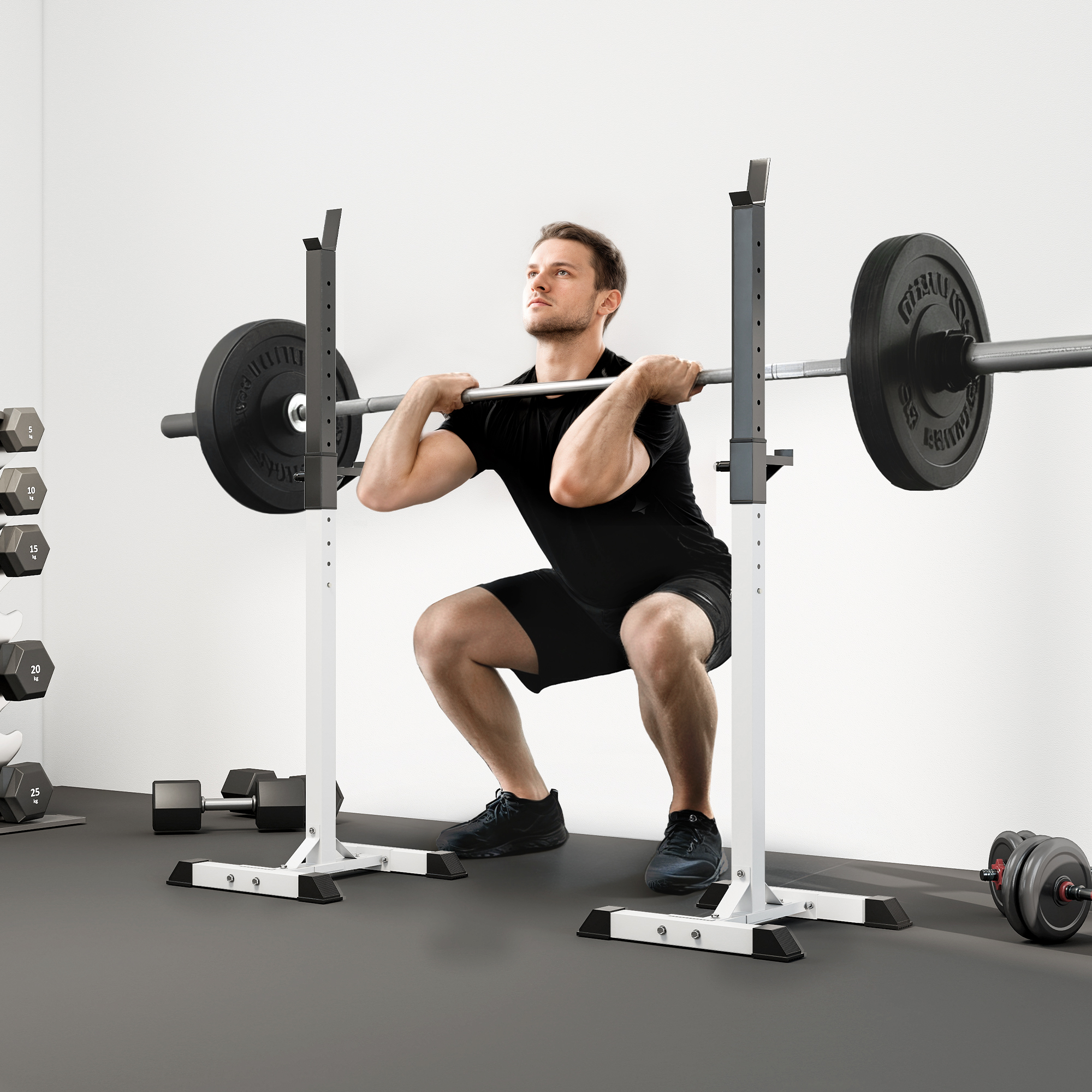 Hantelständer, 2er-Set, bis 150 kg belastbar, höhenverstellbar, Stahl, weiß+schwarz, 52 x 48 x 160 cm