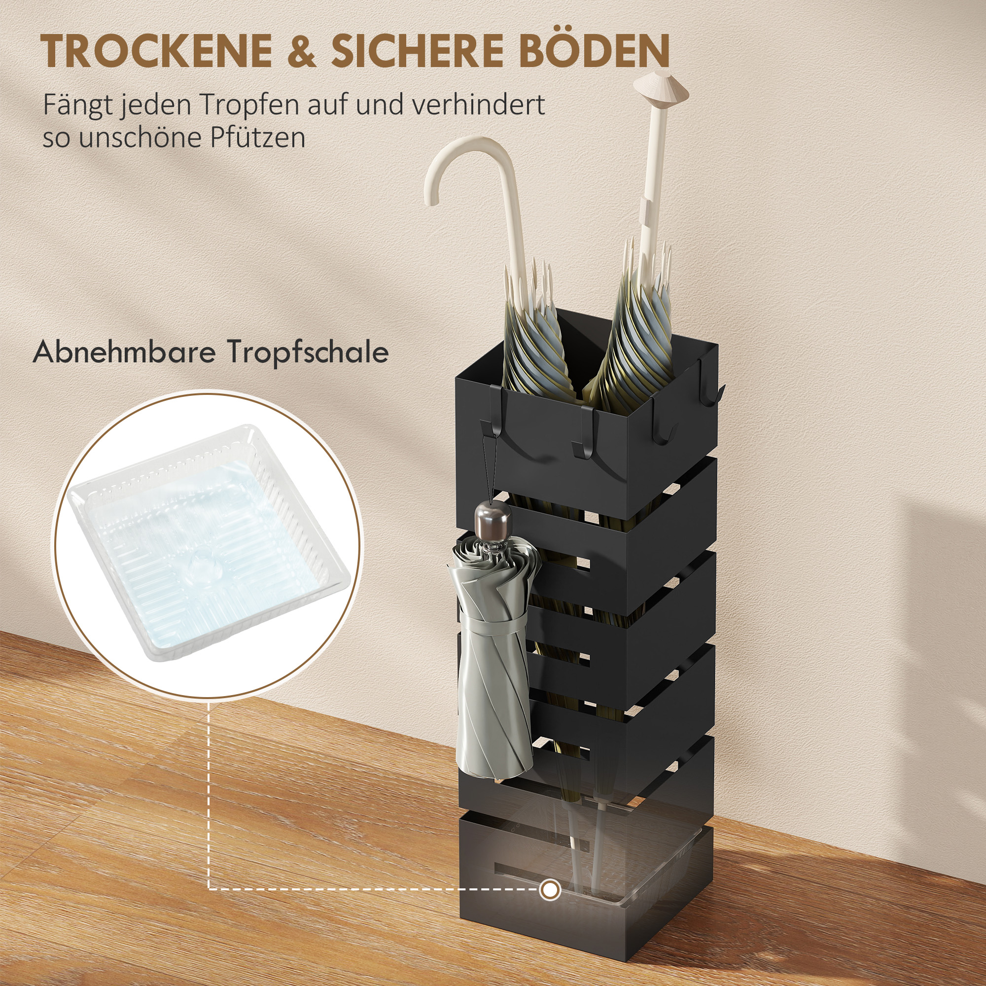 Regenschirmhalter, Metallständer für Schirme, Freistehender Schirmständer mit Haken und Tropfschale, Platz für 8 Schirme, Schwarz