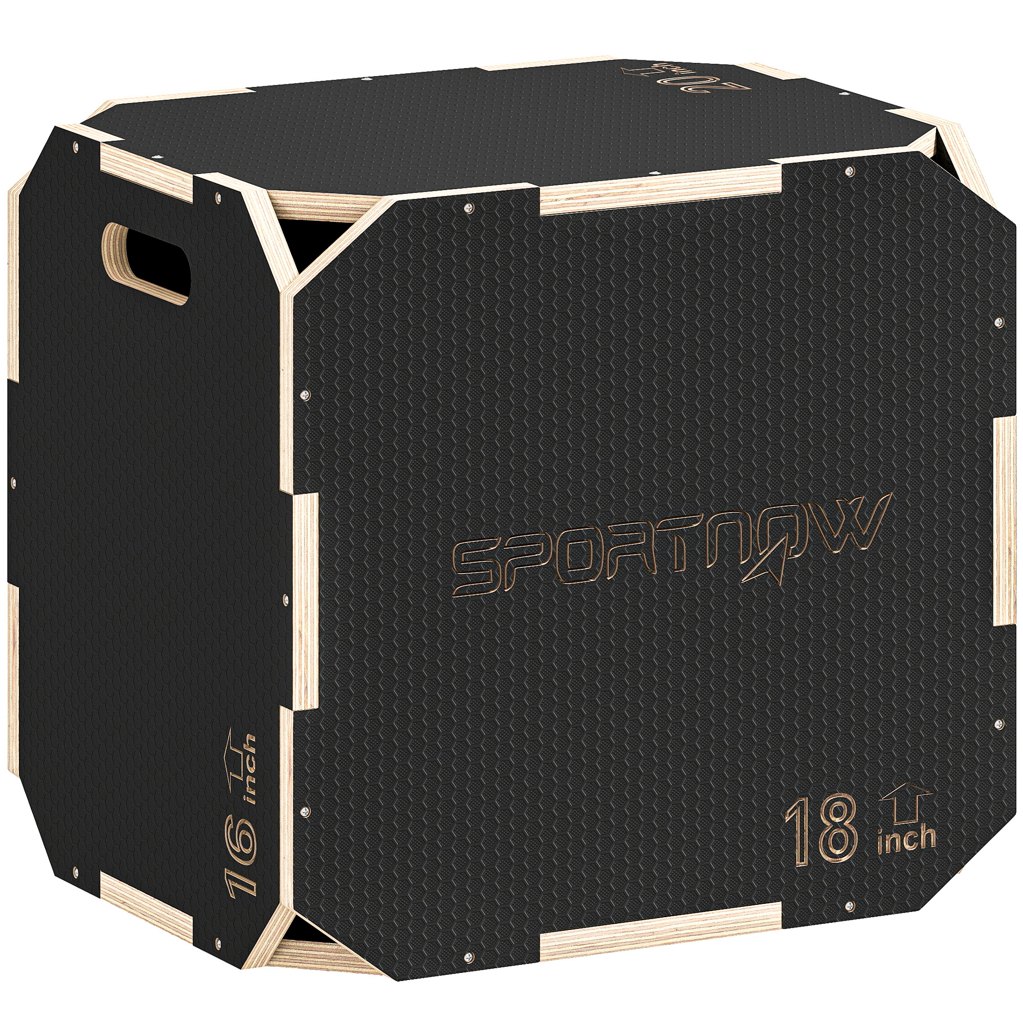 Sprungbox, kantenfreie Ecken, Sperrholz, höhenverstellbar, Seitengriffe, Schwarz