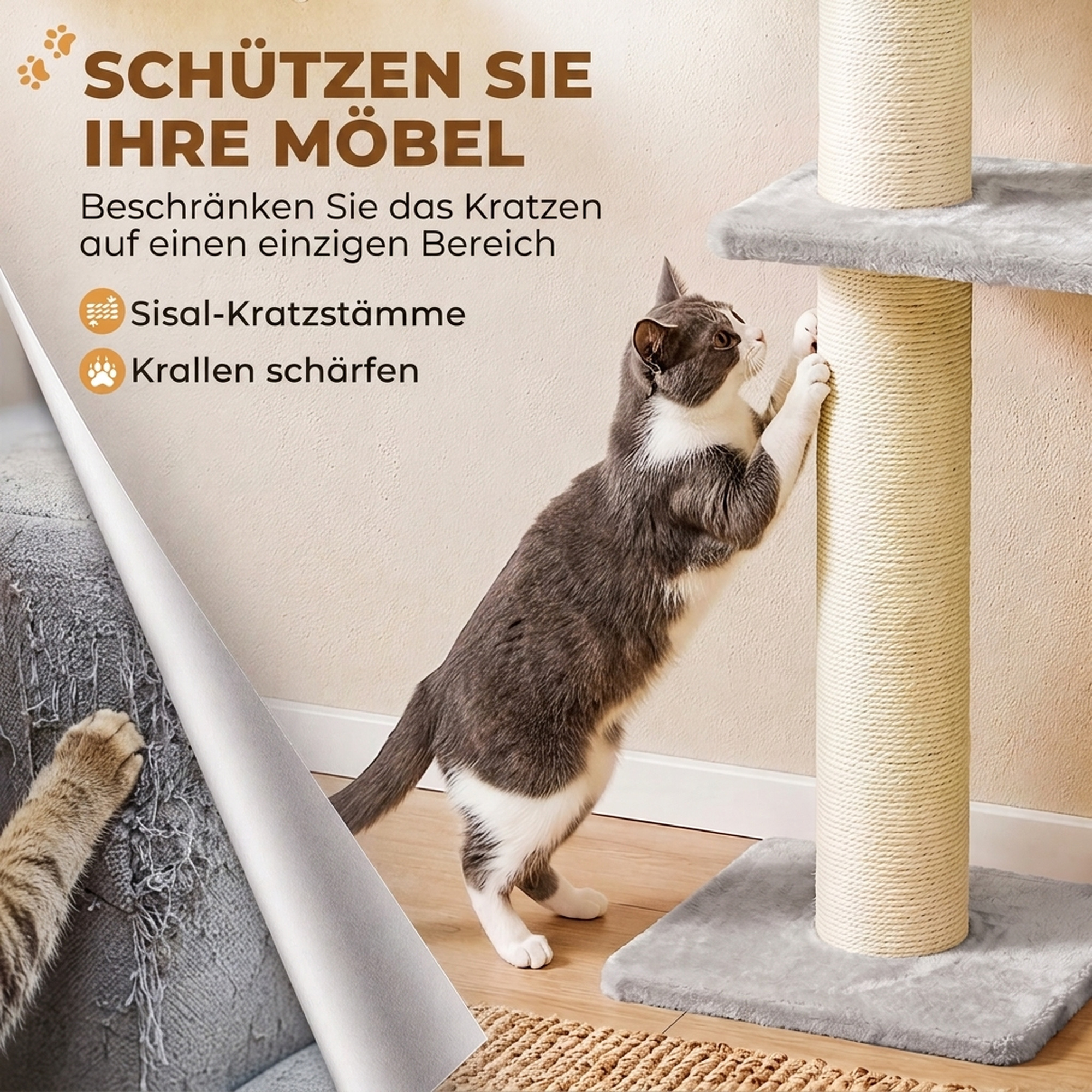 Kletterwand Katzen, 3-teilig Katzenkletterwand Set, Katzen Wandelemente mit Kratzbaum, Plattformen Hängematte