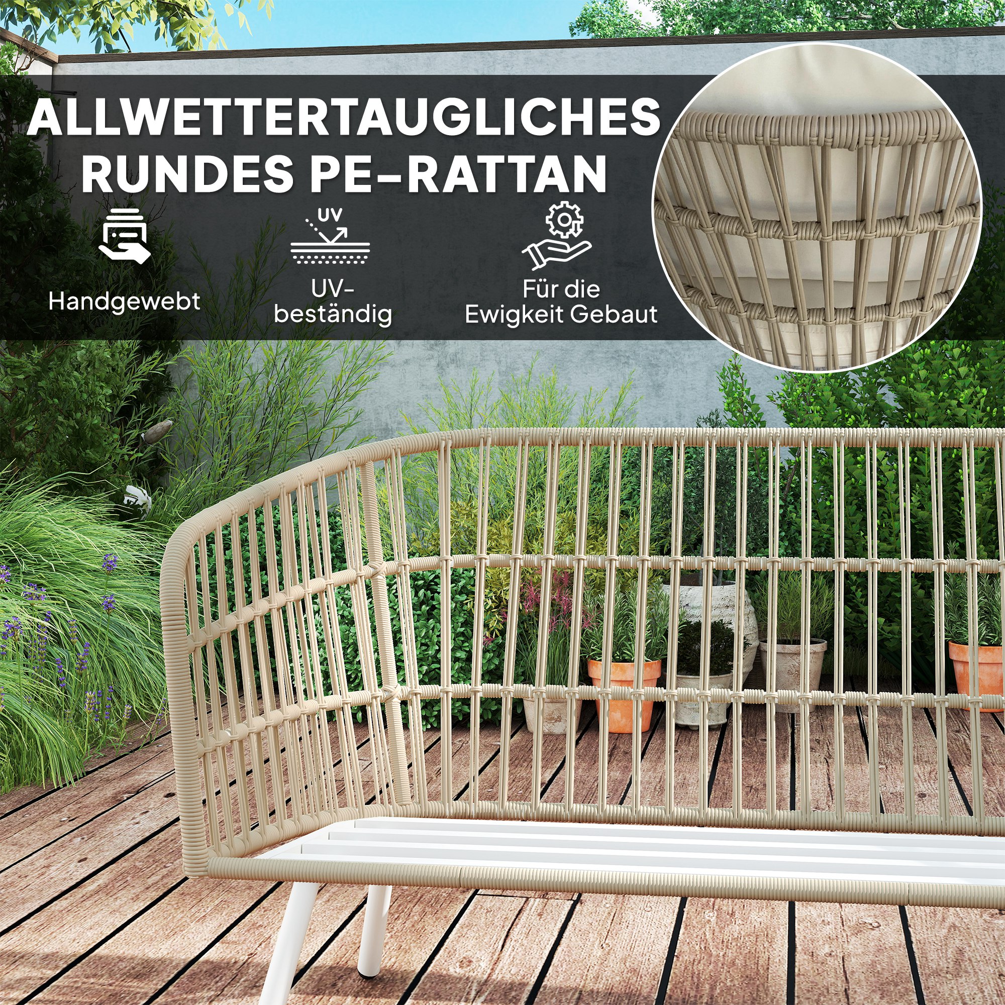 Gartenmöbel Set aus Polyrattan Lounge-Set mit 2er Sofa Sessel Tisch Kissen wetterfest für 4 Personen Khaki