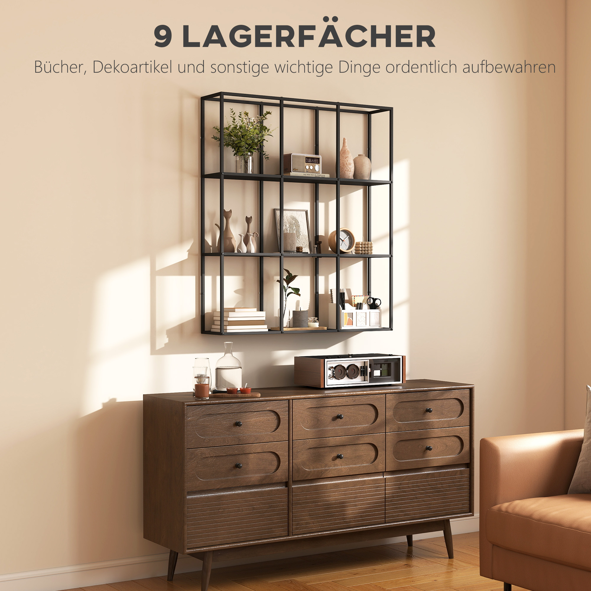 industrielles Wandregal mit 9 Fächern, Metallregal für Sammlerstücke, Ideal für Wohnkultur, Schwarz