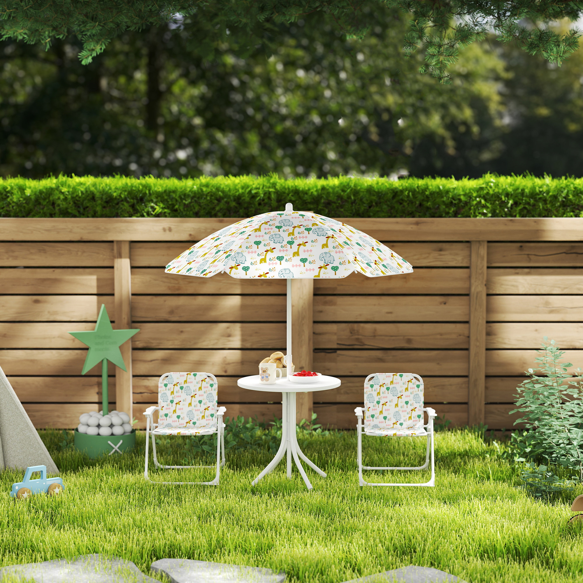 Kinder-Sitzecke, Klappstuhl-Sitz-Set mit Sonnenschirm, Buntes Muster, Weiß
