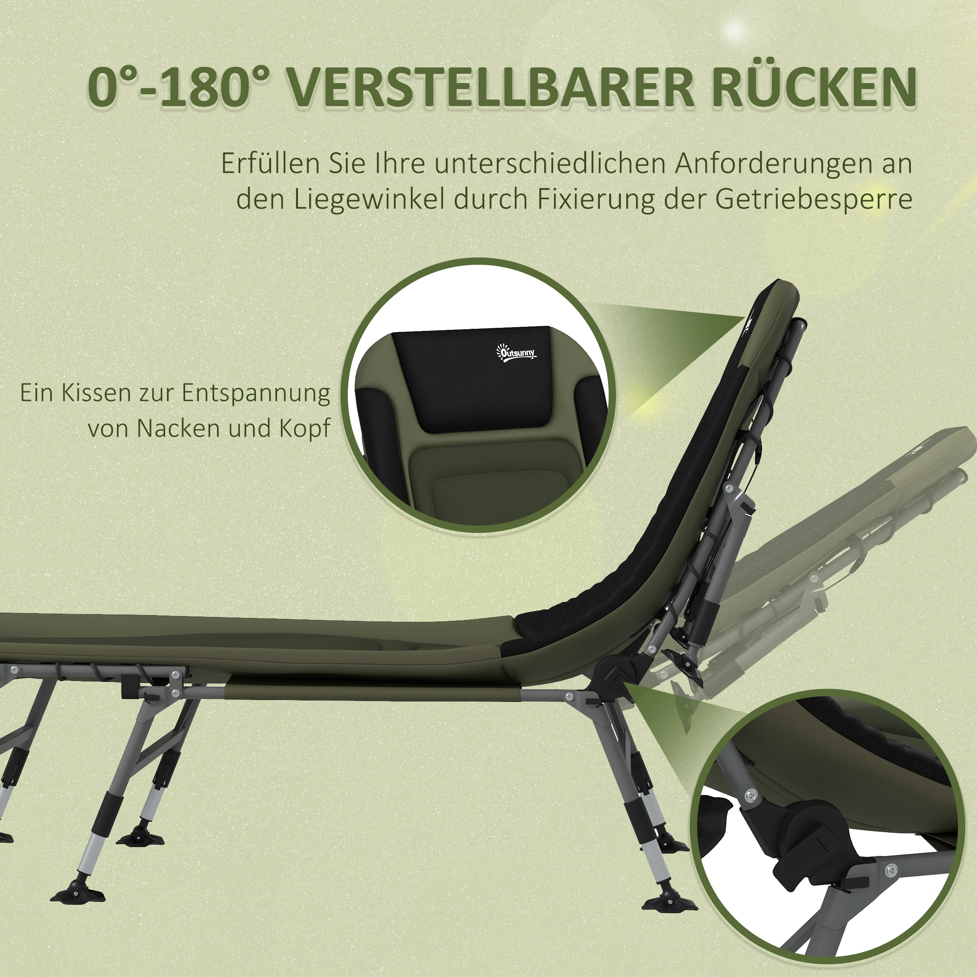 Campingliege Campingbett Feldbett, 200 x 85 x 40-55 cm, Grün