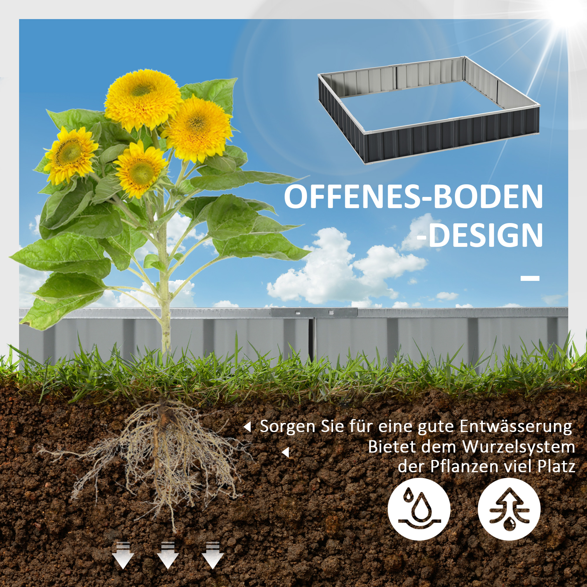 Hochbeet aus Stahl DIY Gartenbeet mit T-Form-Pflanzenschilder Handschuhe Pflanzenbeet Kräuterbeet Blumentreppe für Balkon Garten Dunkelgrau 258 x 90 x 30 cm