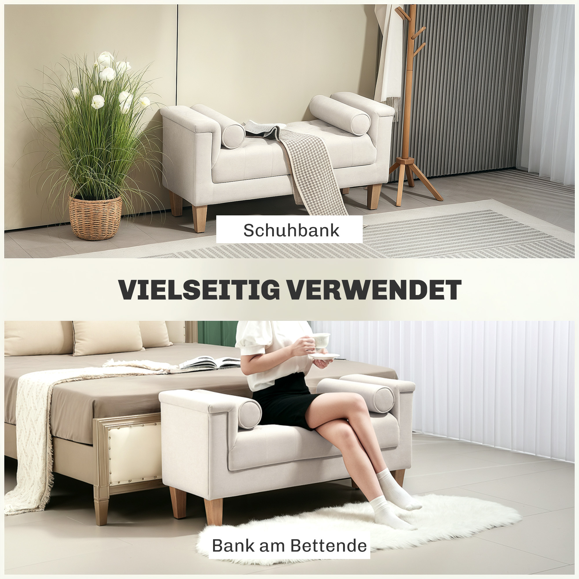 Polsterbank, Vintage-Design, 2 Kissen, Chenillebezug, 115 x 44 x 58 cm, Beige