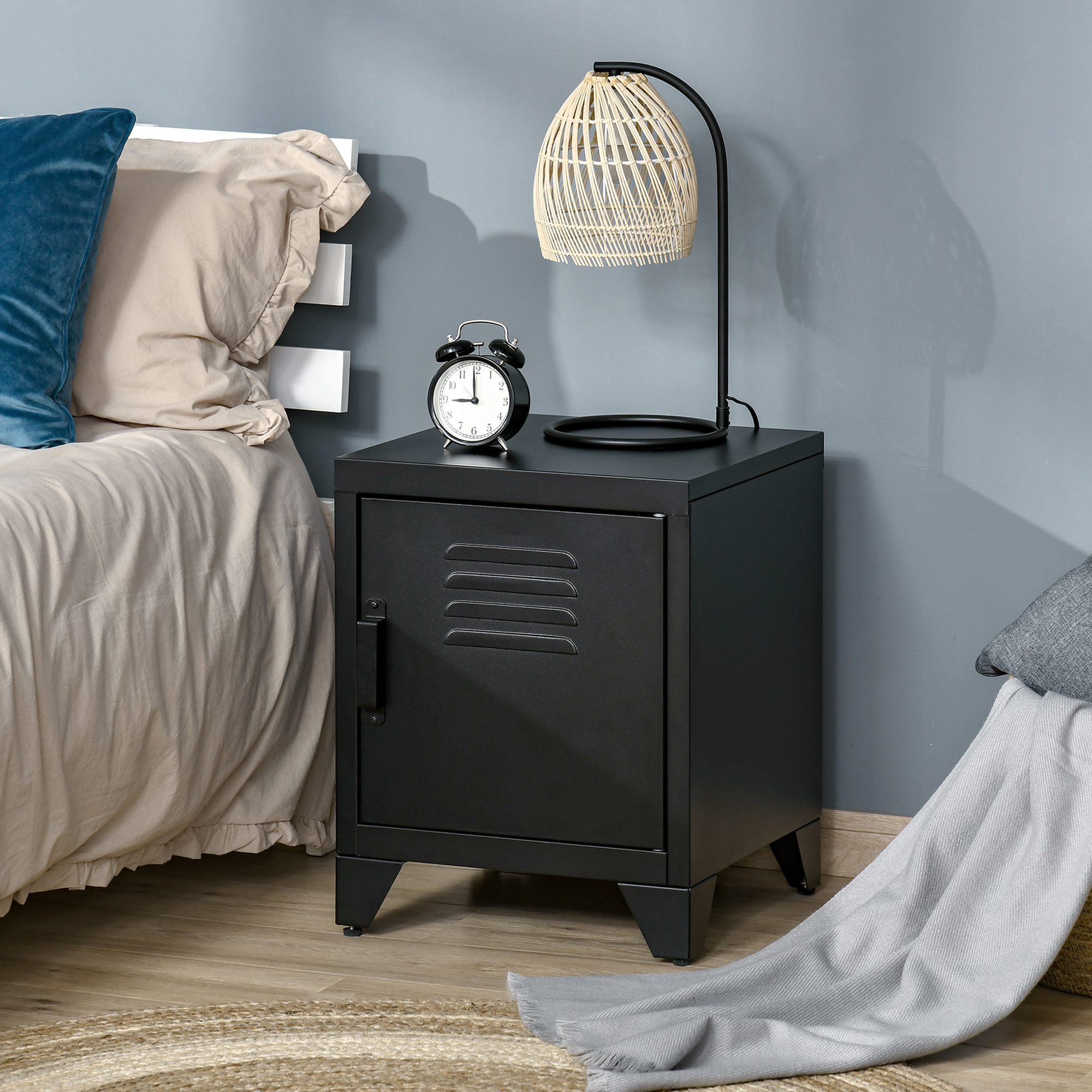 Nachttisch, Beistelltisch mit verstellbarem Regal, Tür, Nachtschrank für Schlafzimmer, Wohnzimmer, Metall, Schwarz, 50 x 40 x 47,5 cm