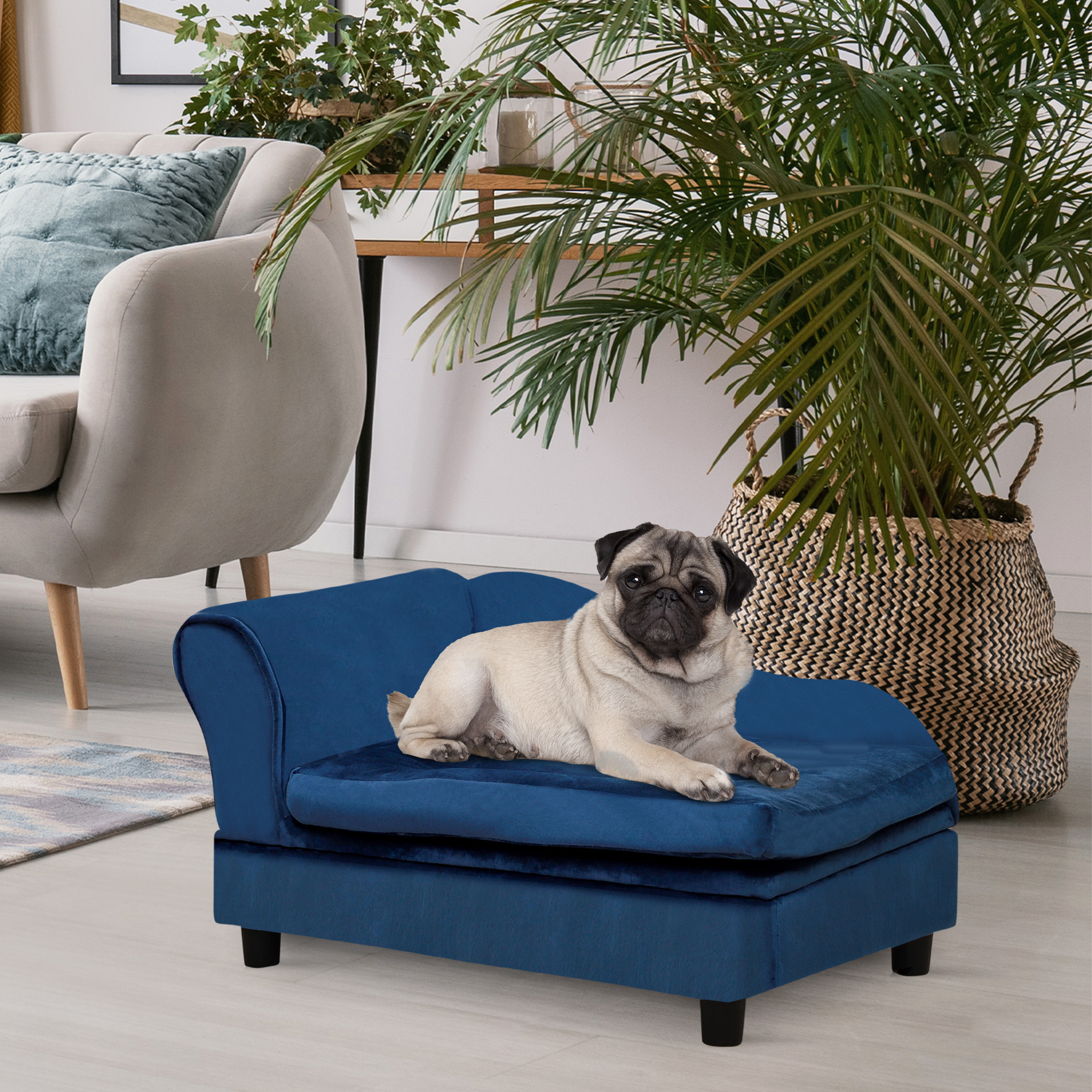 Haustiersofa mit Stauraum, weichem Kissen, bis 15 kg Tragkraft, Plüschbezug, Hartholzrahmen, Blau