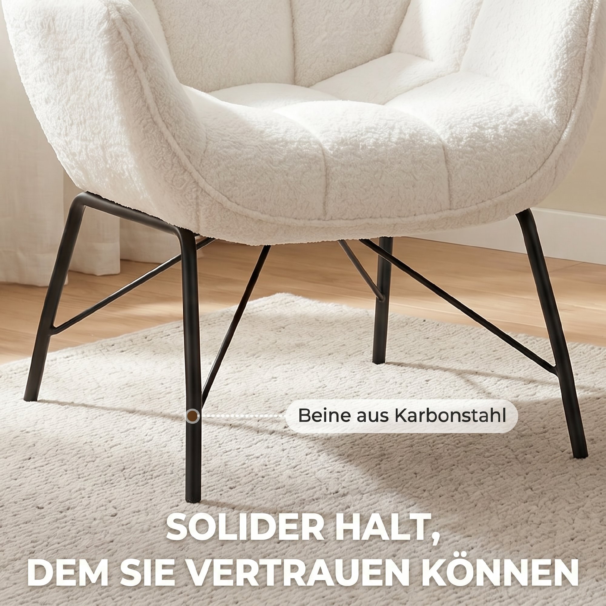 Moderner Loungesessel, Sherpa-Fleece Sessel mit gebogener Rückenlehne, integrierten Armlehnen, Metallbeinen, Cremeweiß